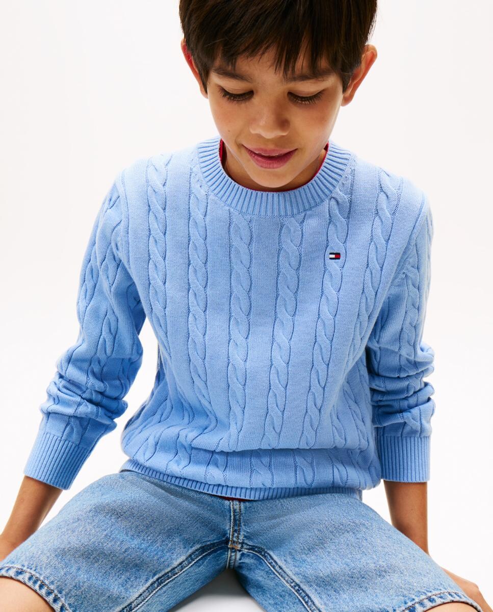 Camisola de Malha do Cabo com Gola Redonda Azul-3