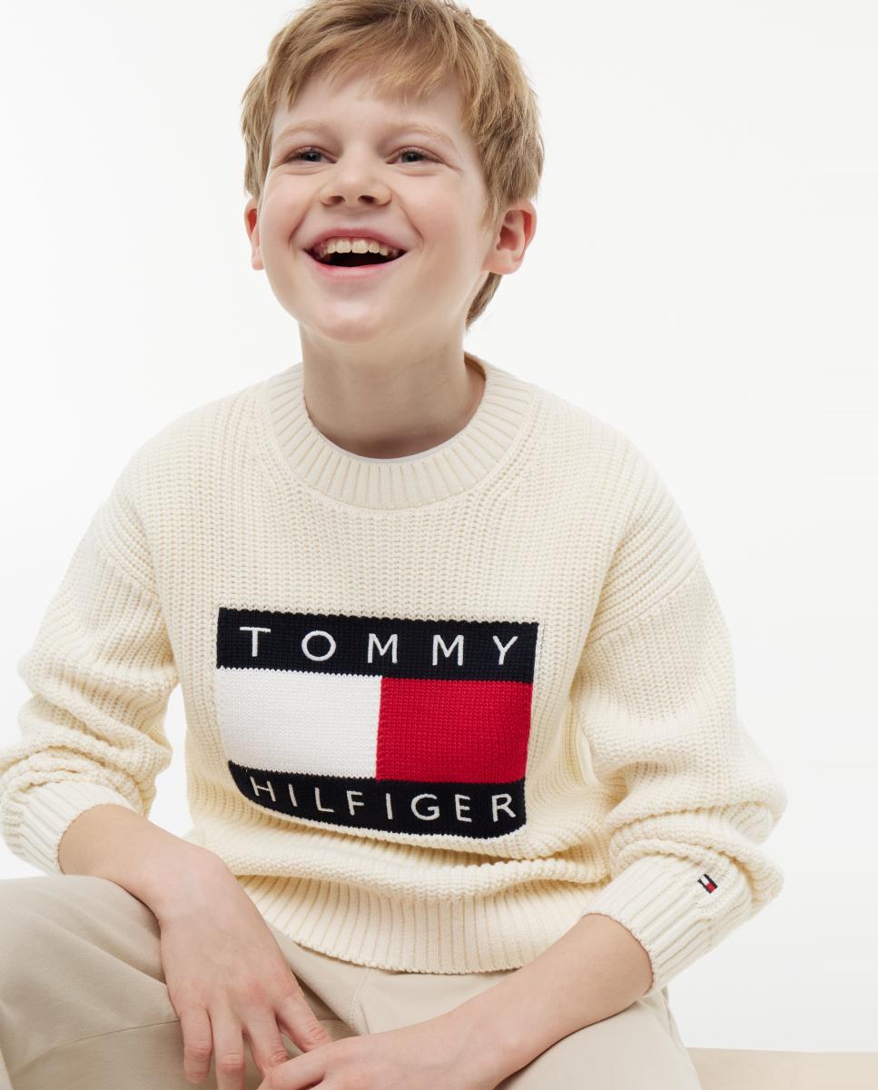 Camisola de Malha com Logótipo de Bandeira Tommy Hilfiger Branco-3