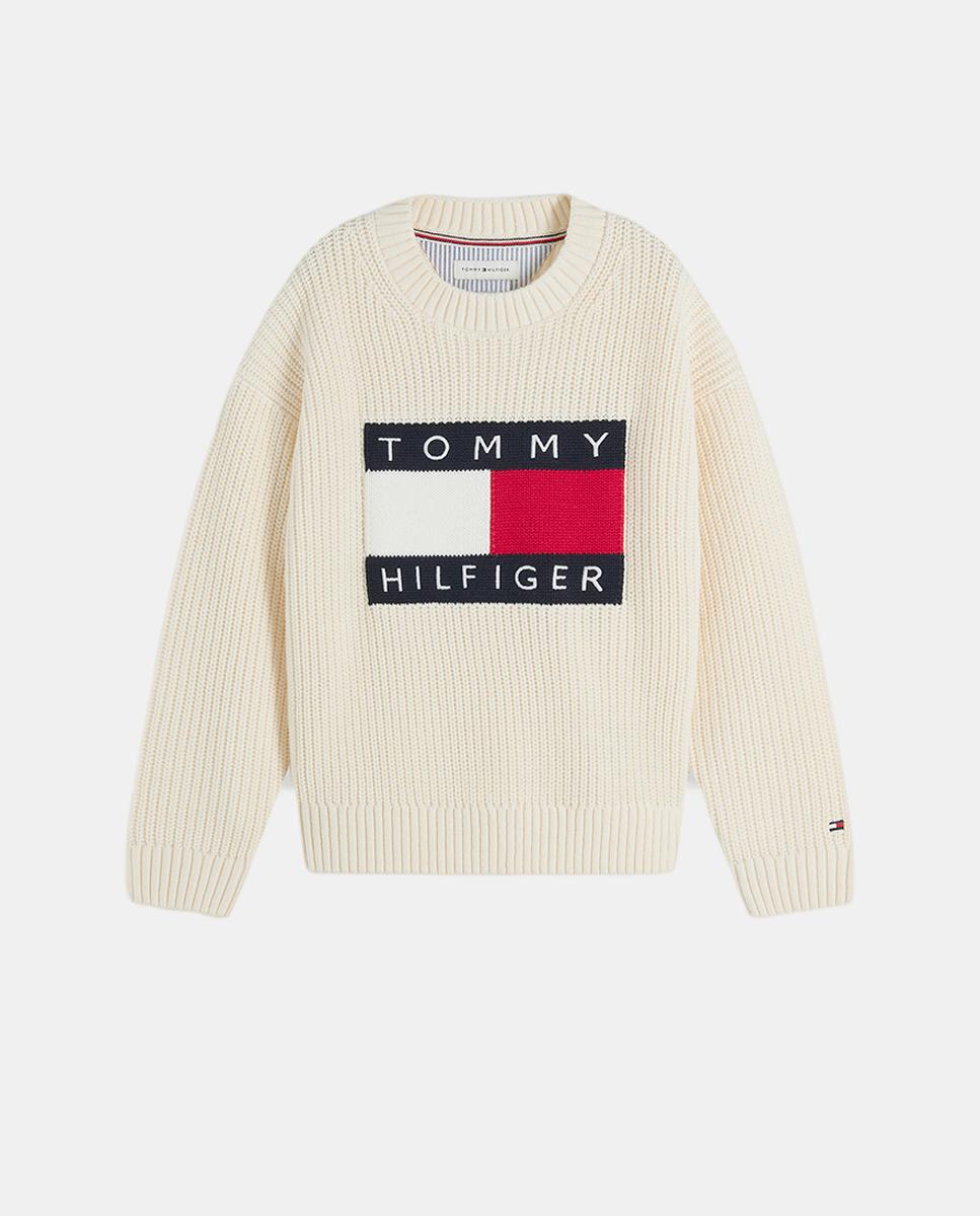 Camisola de Malha com Logótipo de Bandeira Tommy Hilfiger Branco-5