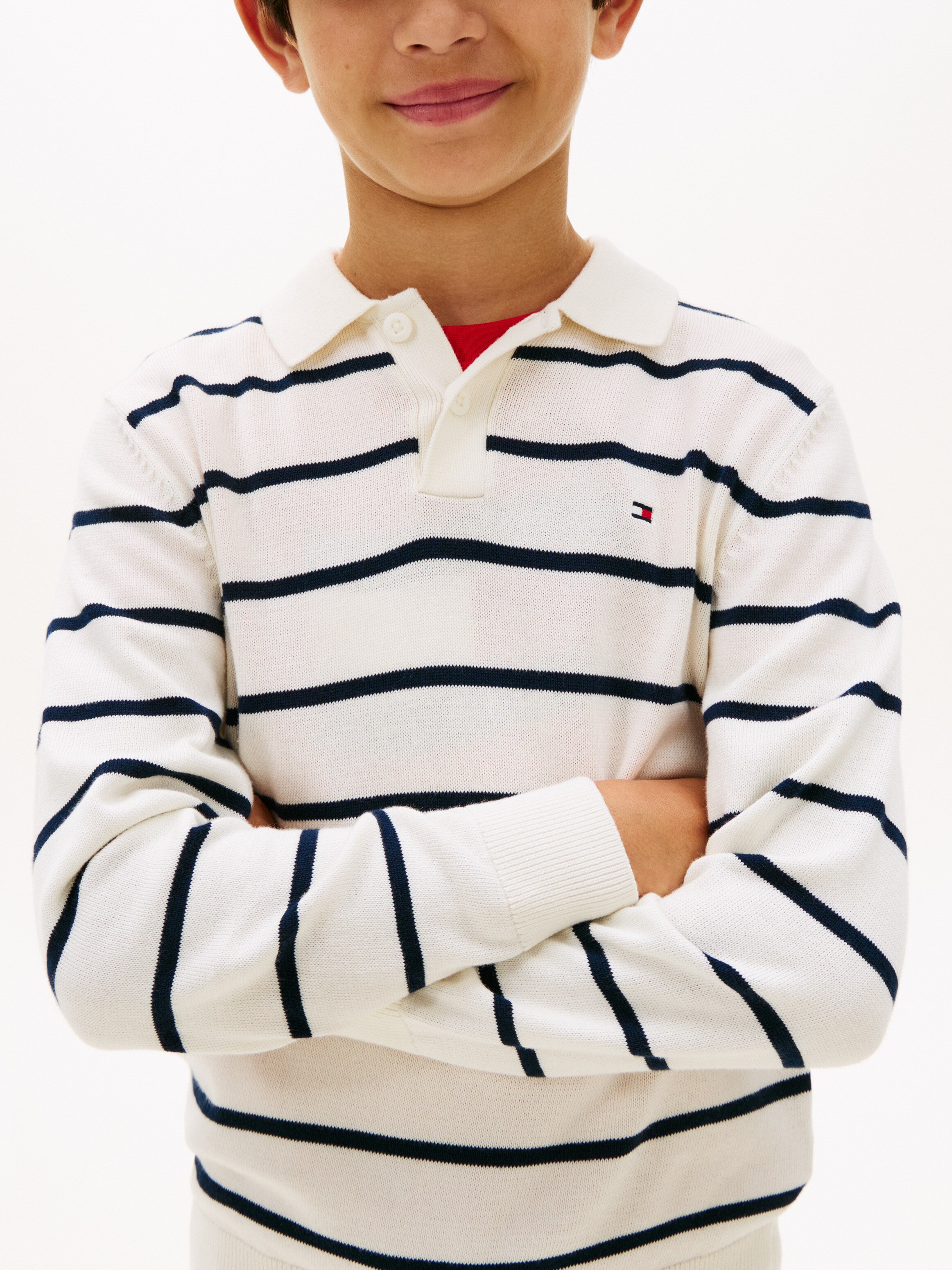 Camisola de Malha às Riscas com Colarinho de Polo Tommy Hilfiger Branco-3