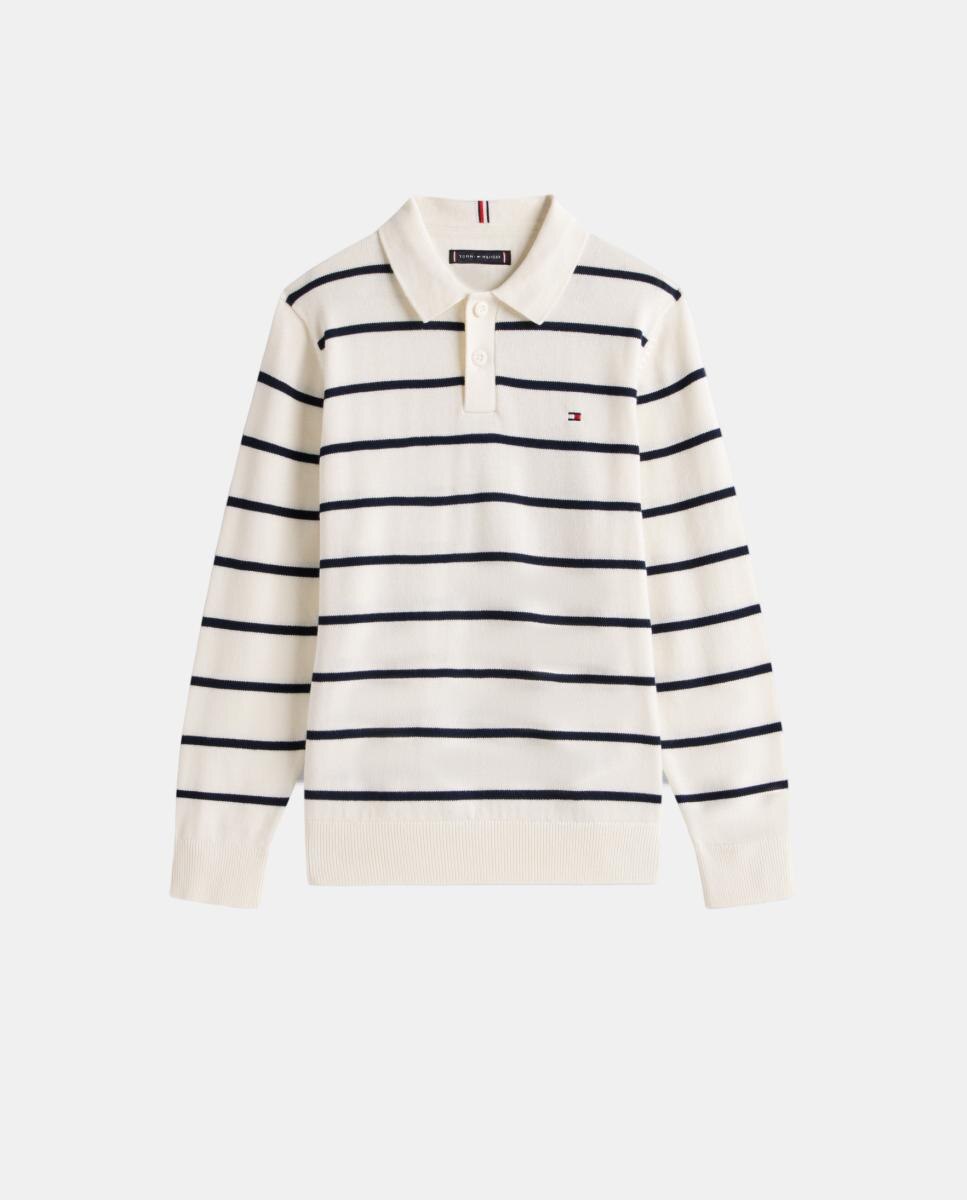 Camisola de Malha às Riscas com Colarinho de Polo Tommy Hilfiger Branco-5