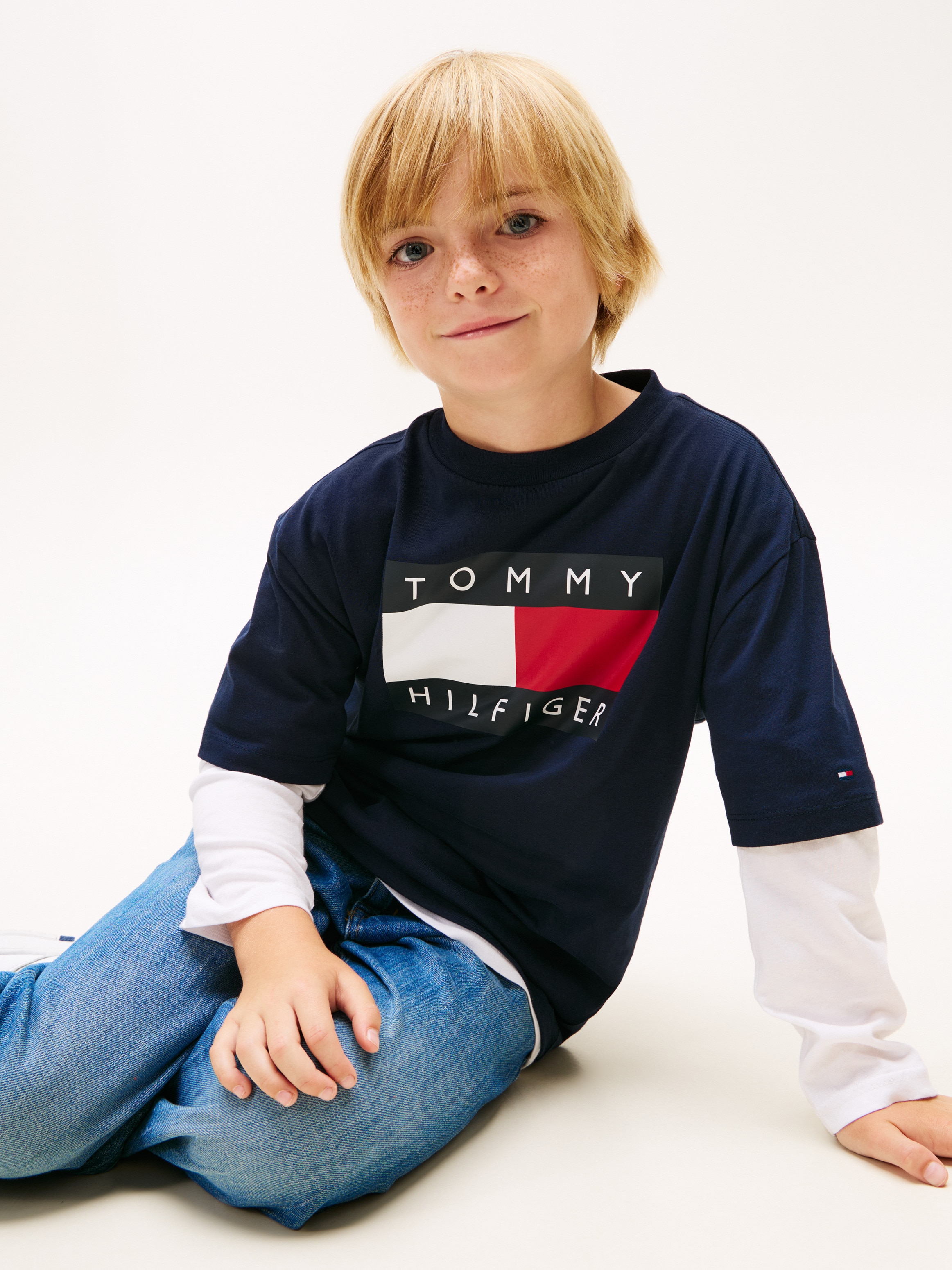 T-shirt com Logótipo de Bandeira à Frente Tommy Hilfiger Azul-3