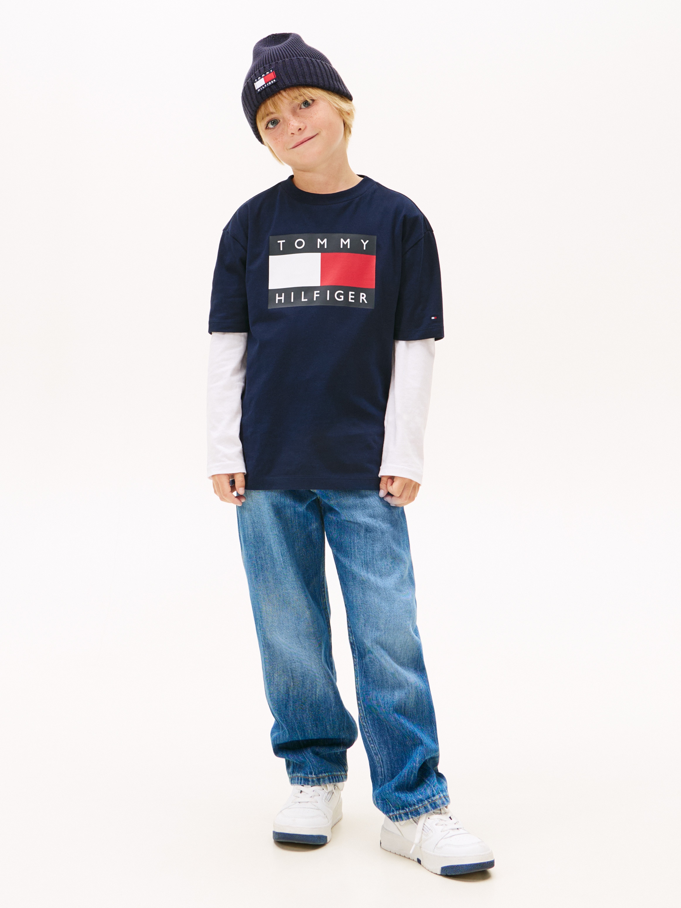 T-shirt com Logótipo de Bandeira à Frente Tommy Hilfiger Azul-4