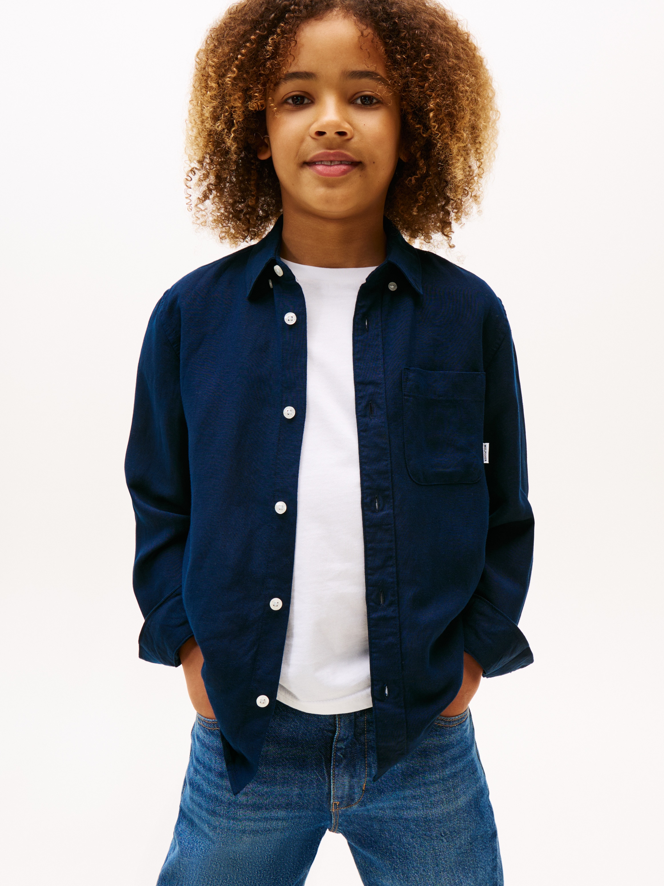 Camisa de niño en lino con cuello clásico - Tommy Hilfiger - Azul Azul-1