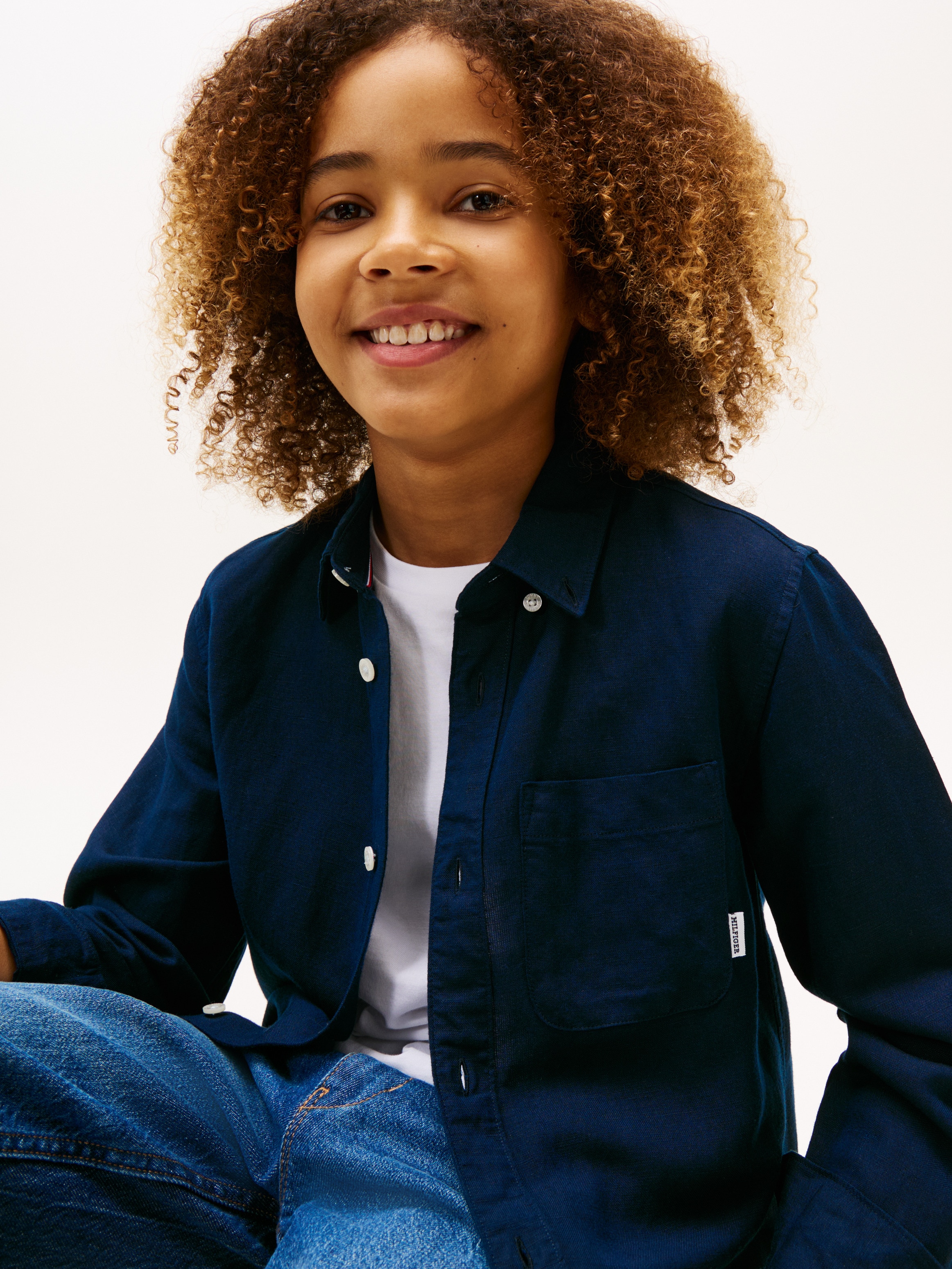Camisa de niño en lino con cuello clásico - Tommy Hilfiger - Azul Azul-3