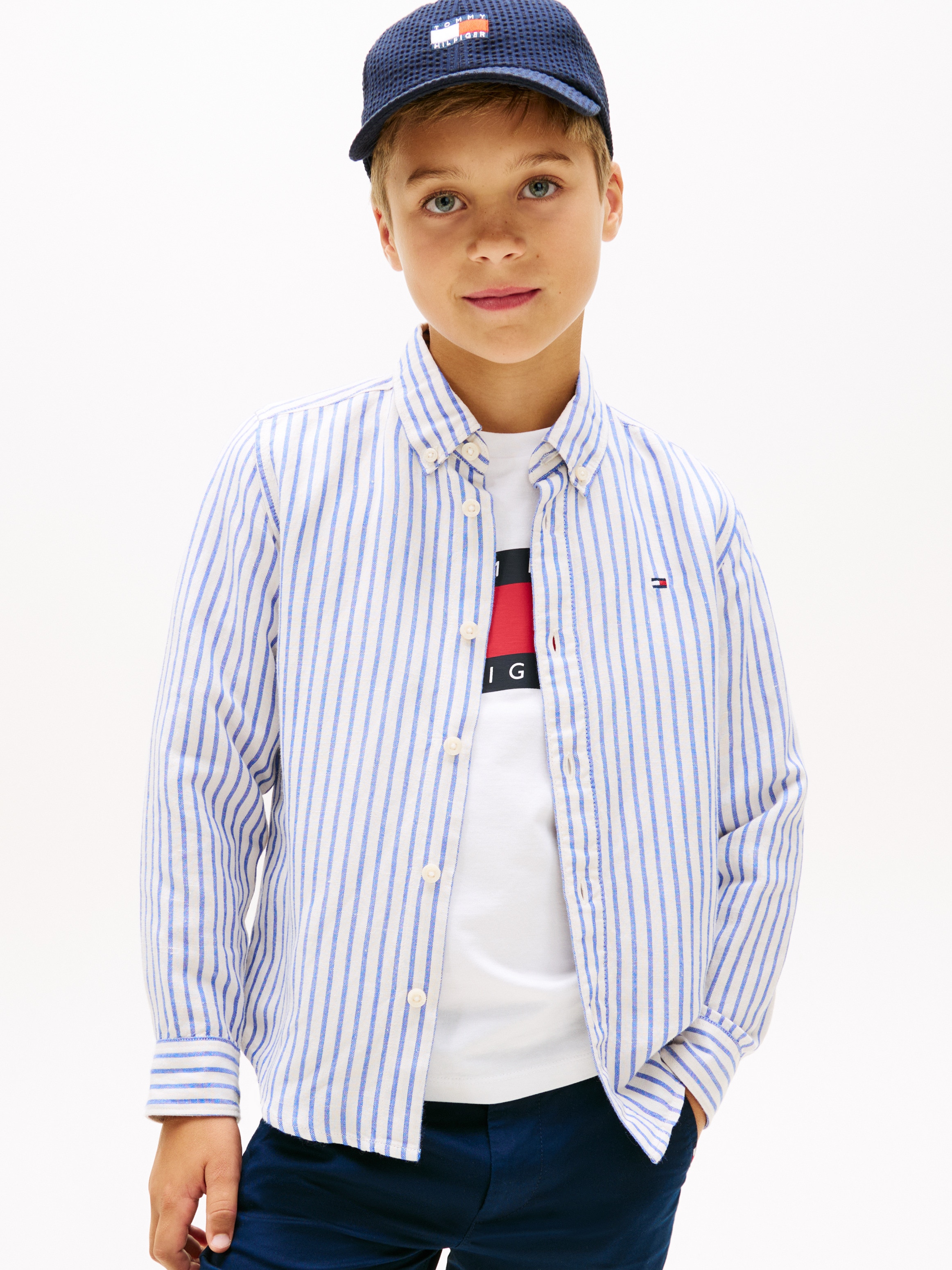 Camisa de niño en lino con cuello clásico - Tommy Hilfiger - Azul Azul-1
