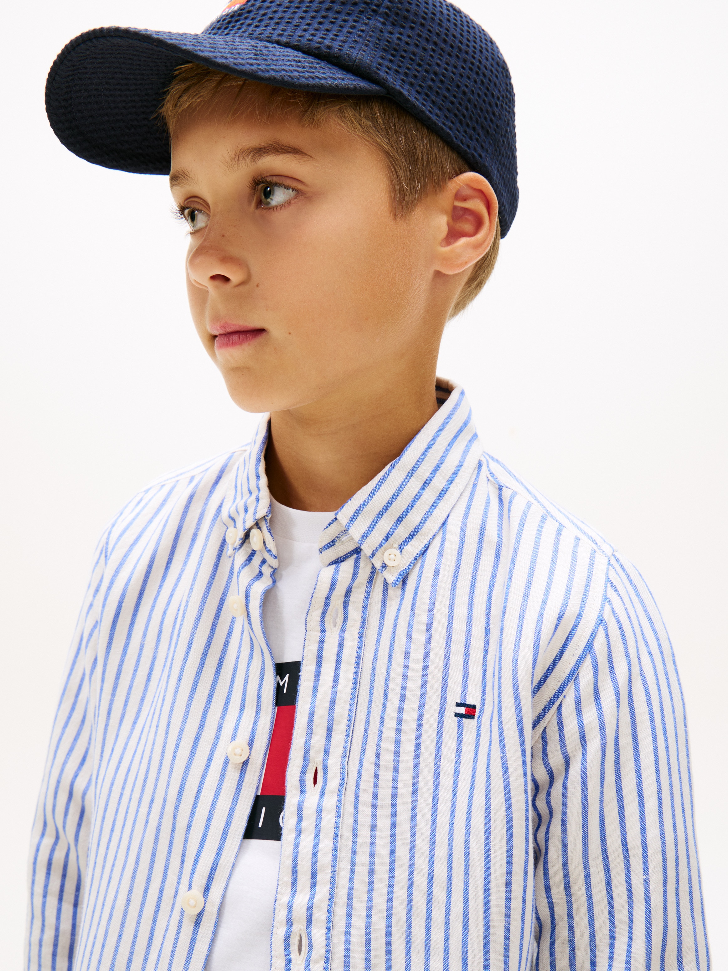 Camisa de niño en lino con cuello clásico - Tommy Hilfiger - Azul Azul-3