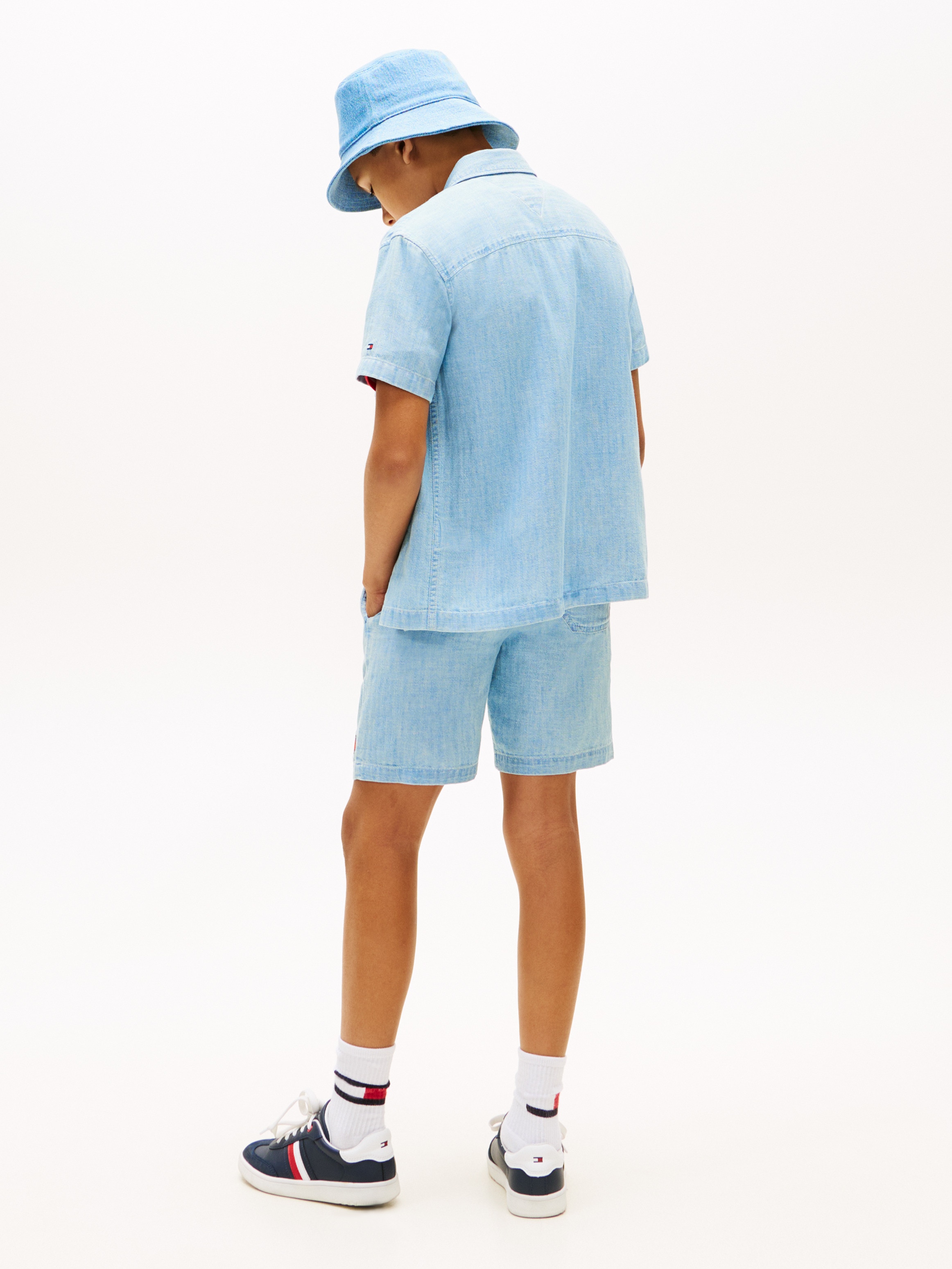 Camisa de Manga Curta em Tencel com Efeito de Ganga Azul-2