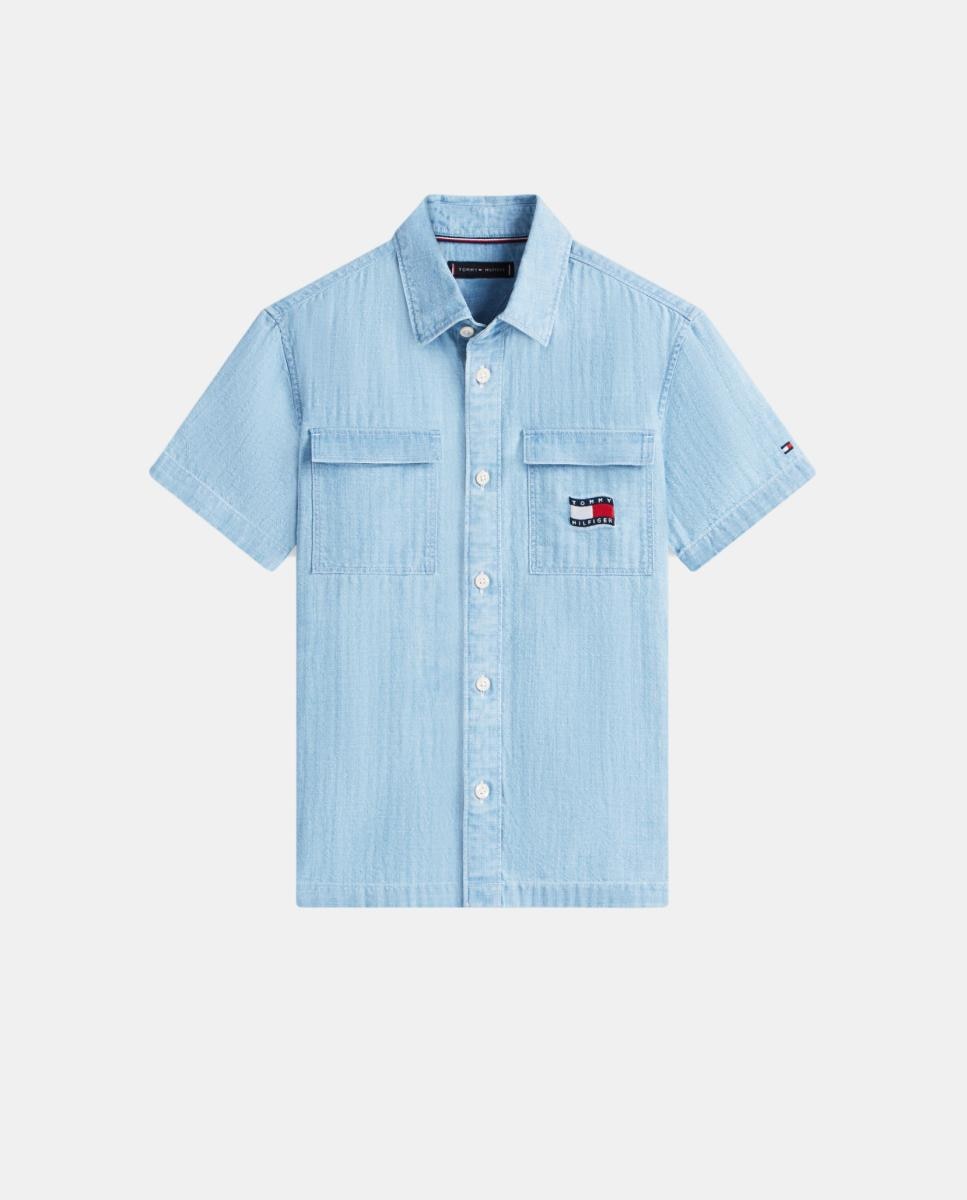 Camisa de Manga Curta em Tencel com Efeito de Ganga Azul-5