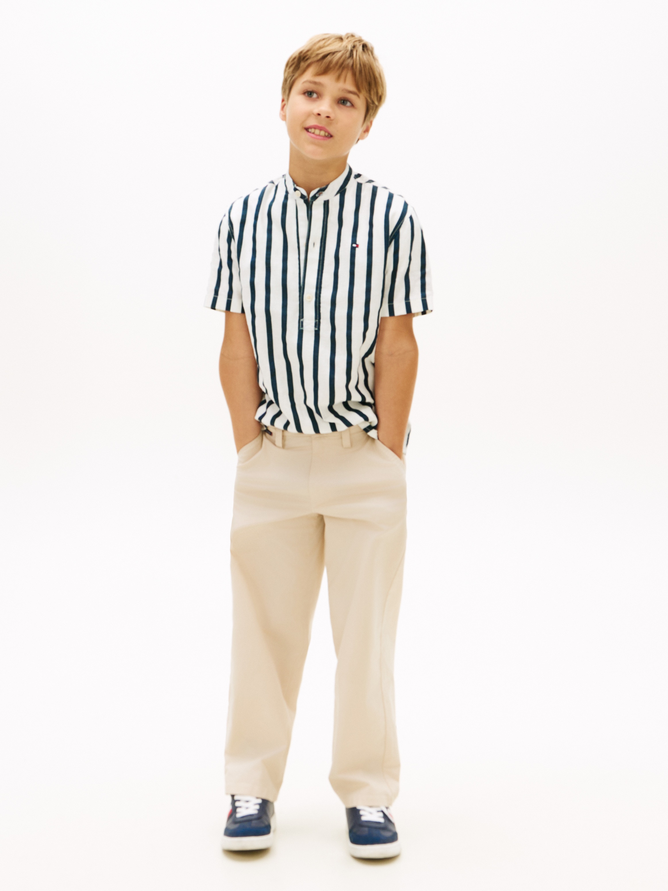 Camisa de Linho com Gola à Padre Azul-4
