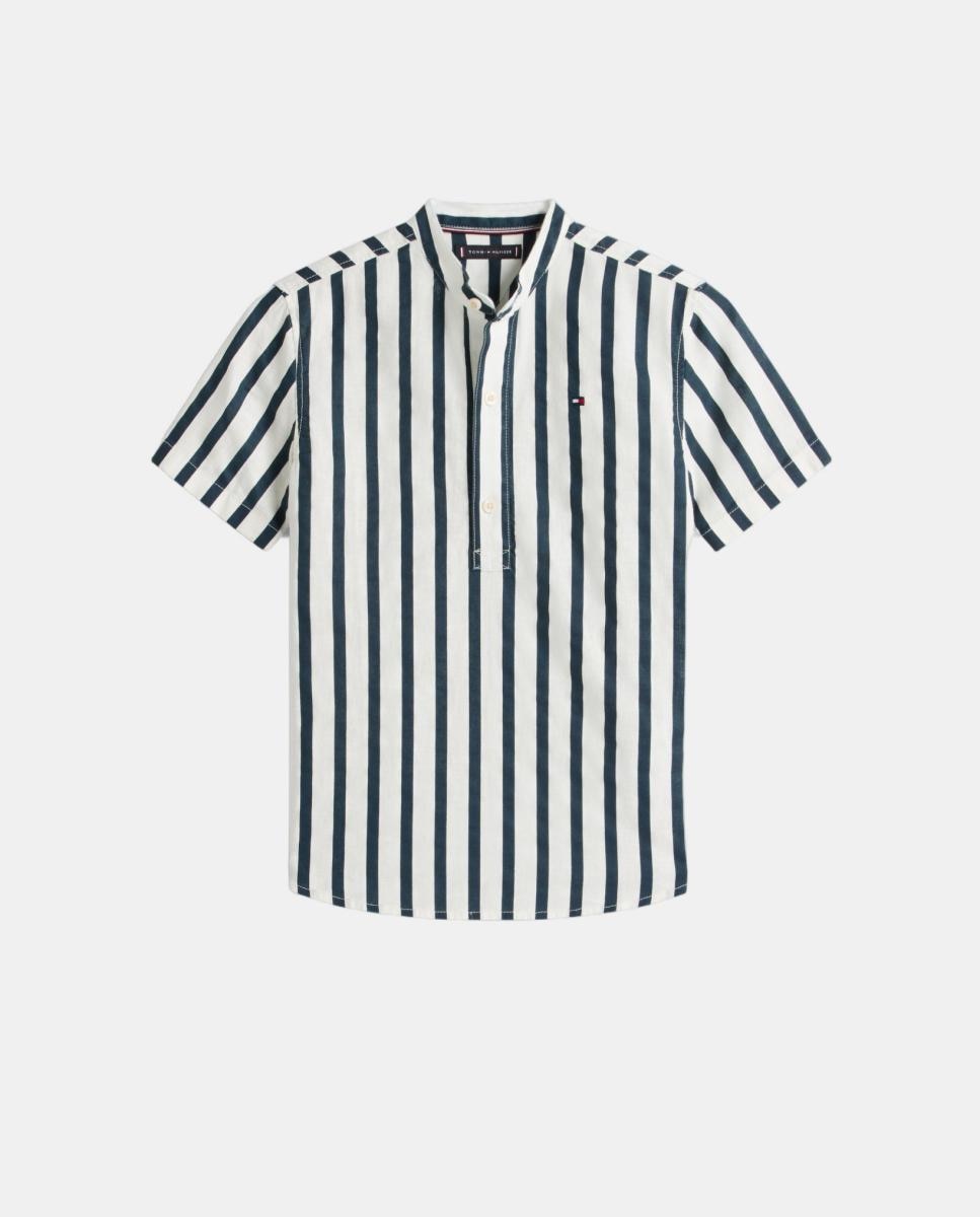 Camisa de Linho com Gola à Padre Azul-5
