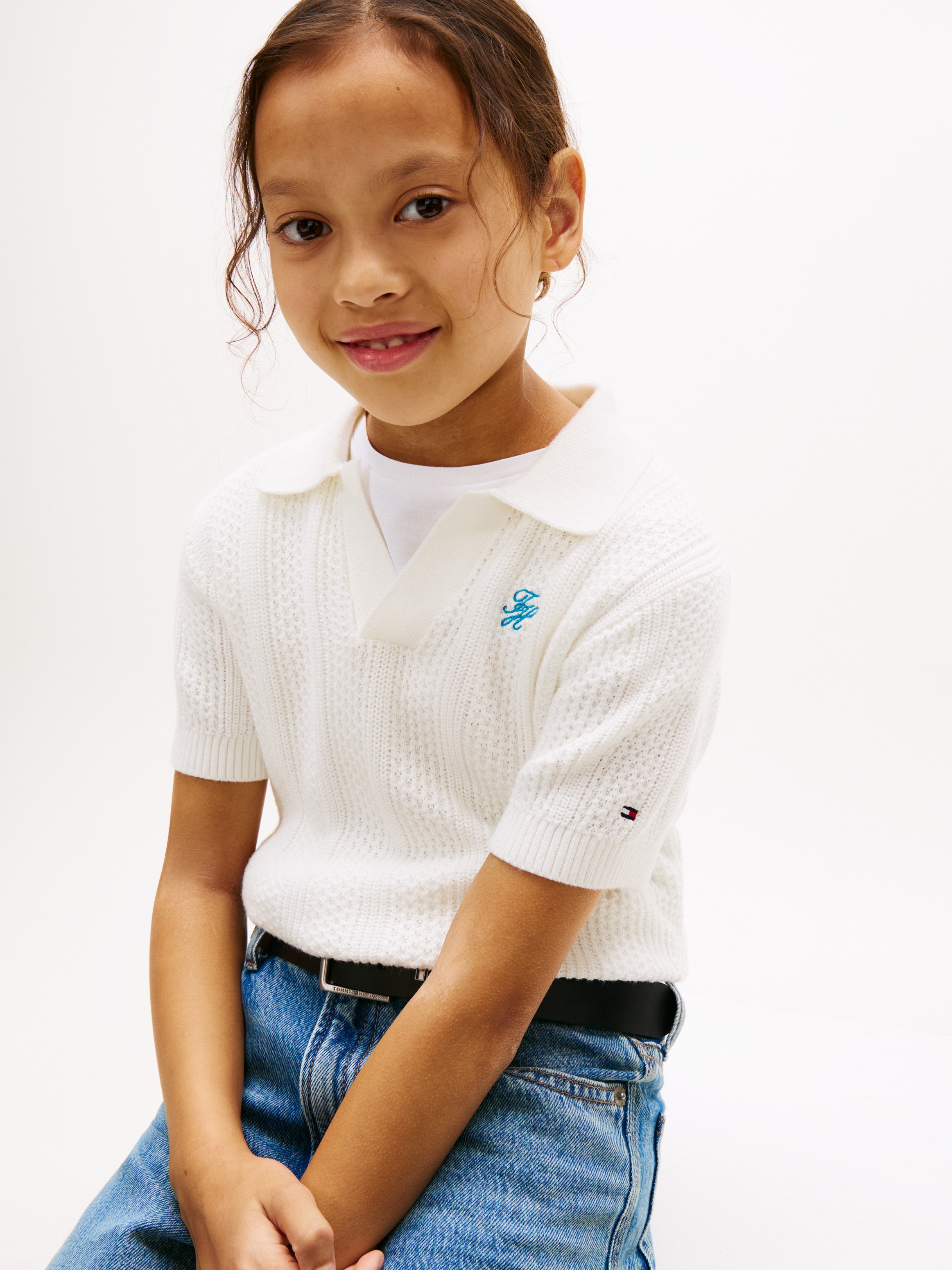 Camisola de Malha Tipo Polo de Crochet Branco-3