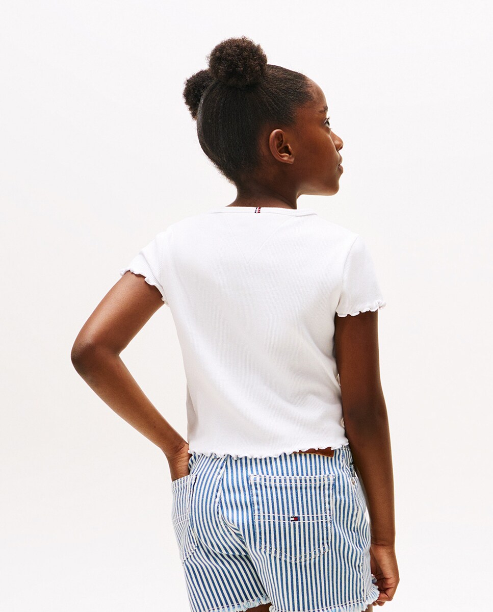 T-shirt Lisa de Manga Curta com Detalhe de Folhos Branco-2