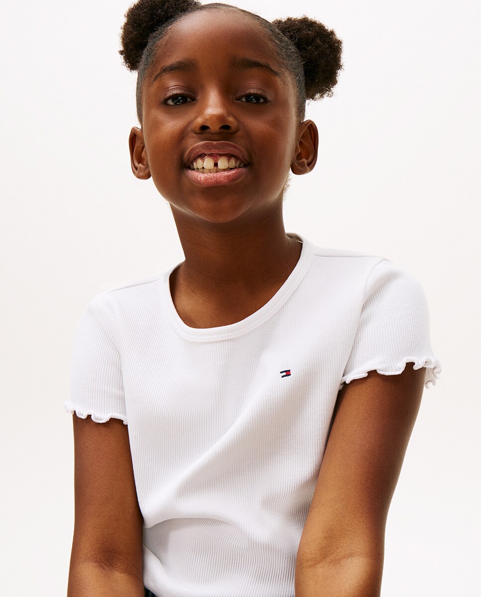 T-shirt Lisa de Manga Curta com Detalhe de Folhos Branco-3