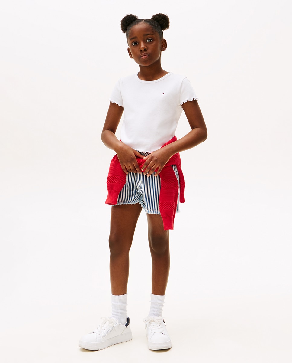 T-shirt Lisa de Manga Curta com Detalhe de Folhos Branco-4