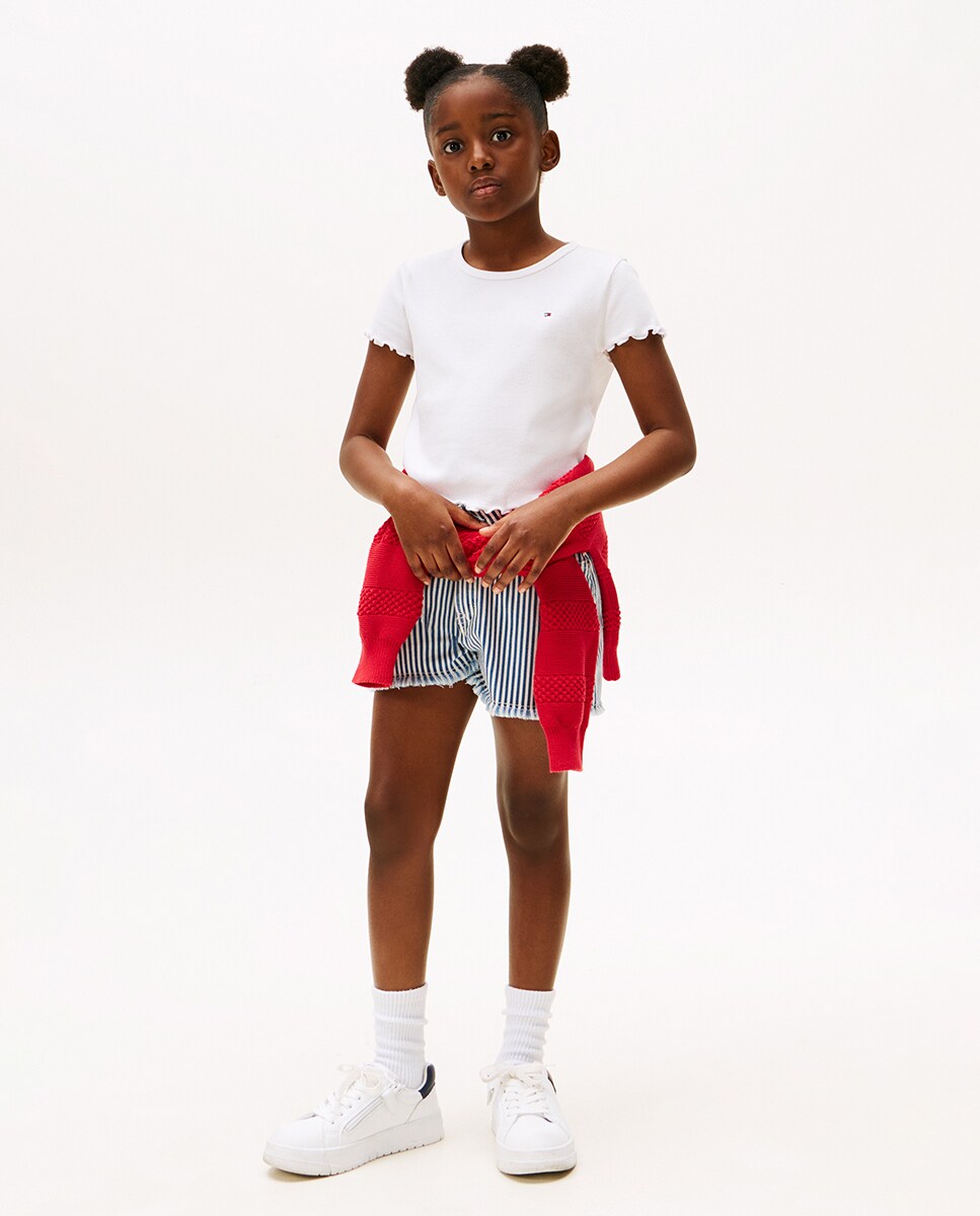 T-shirt Lisa de Manga Curta com Detalhe de Folhos Branco-5