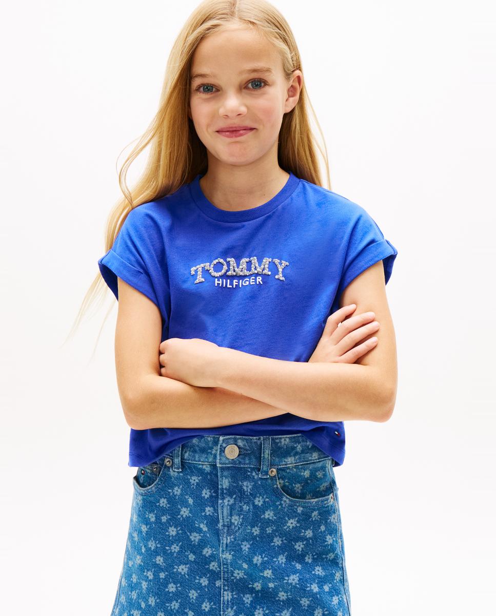 T-shirt Cropped com Logótipo Floral Tommy Hilfiger Azul-1