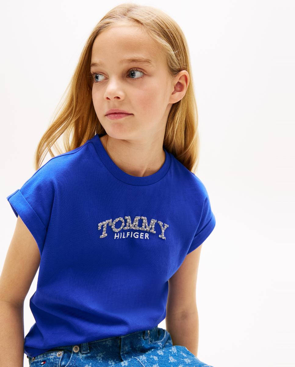 T-shirt Cropped com Logótipo Floral Tommy Hilfiger Azul-3