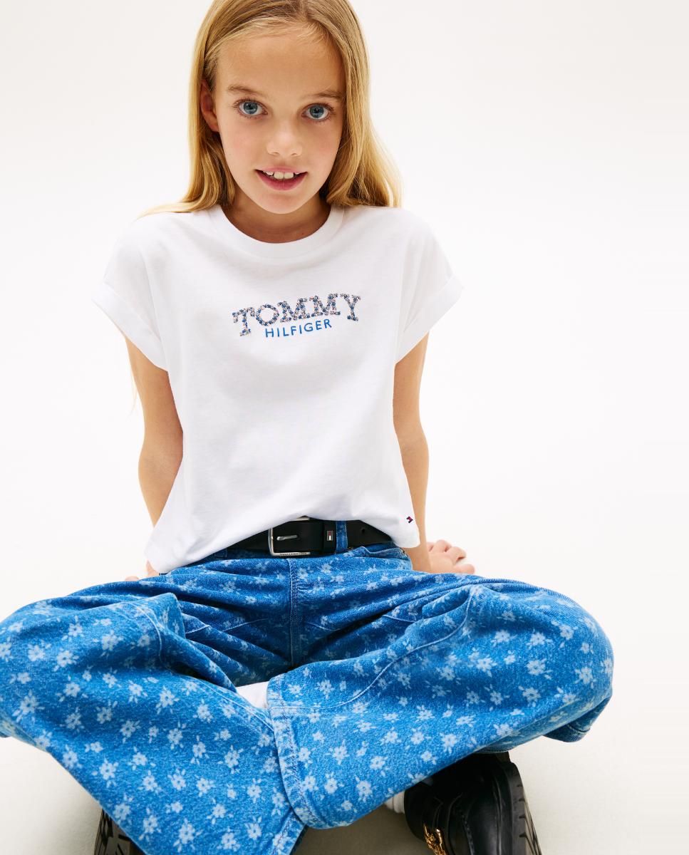 T-shirt Cropped com Logótipo Floral Tommy Hilfiger Branco-3