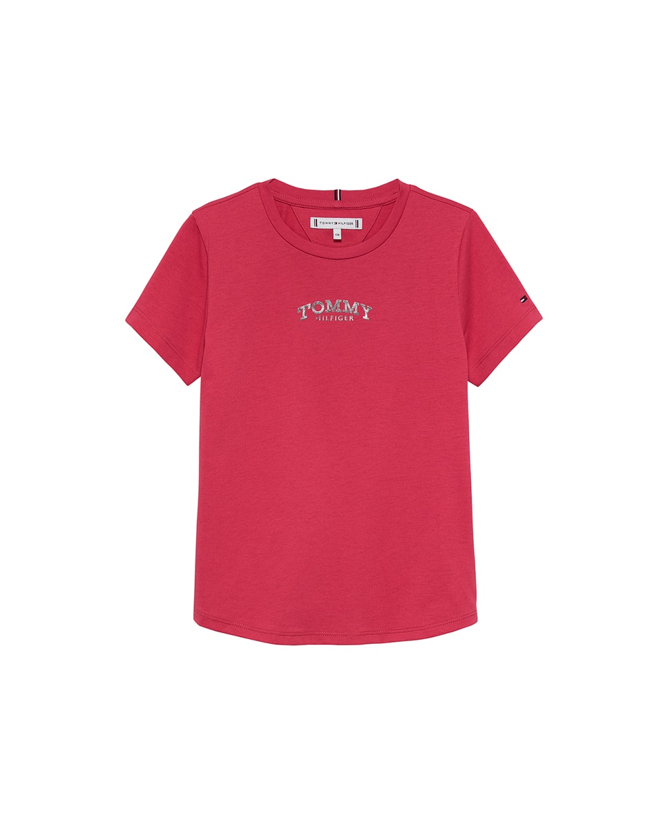 T-shirt com Logótipo Metalizado à Frente Tommy Hilfiger Rosa-1