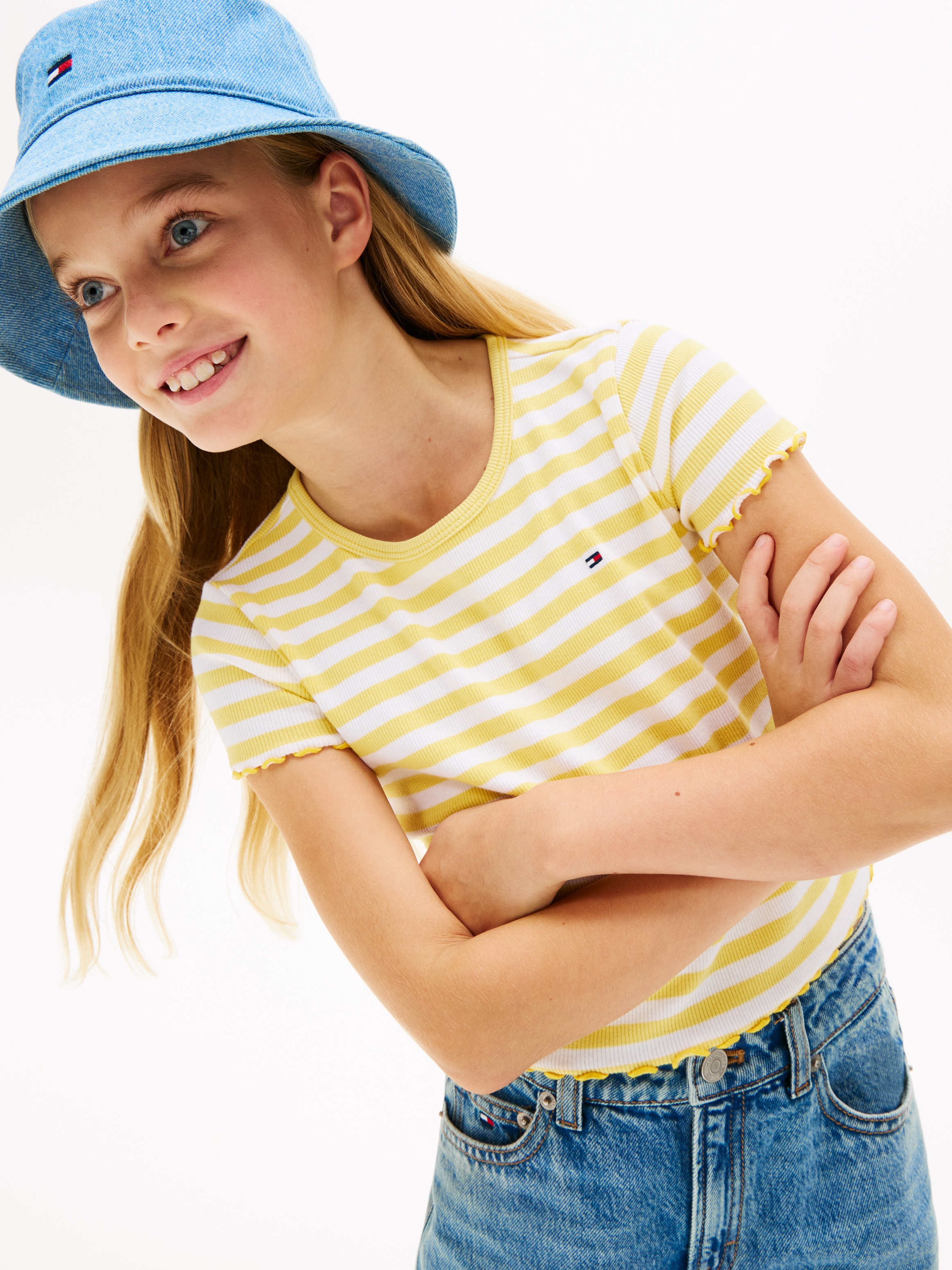T-shirt às Riscas com Acabamento Ondulado Amarelo-3