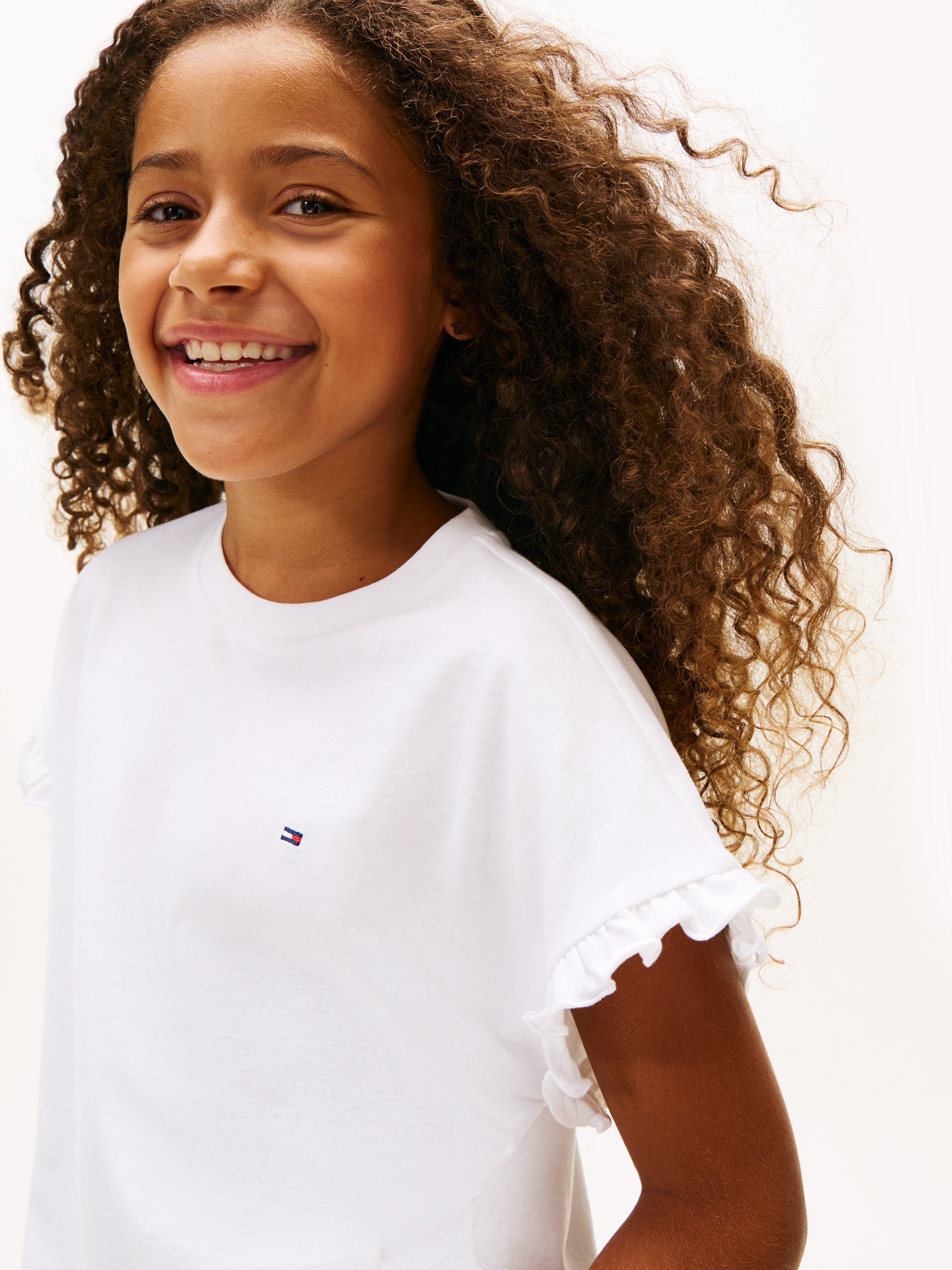 T-shirt com Folhos e Logótipo no Peito Branco-3