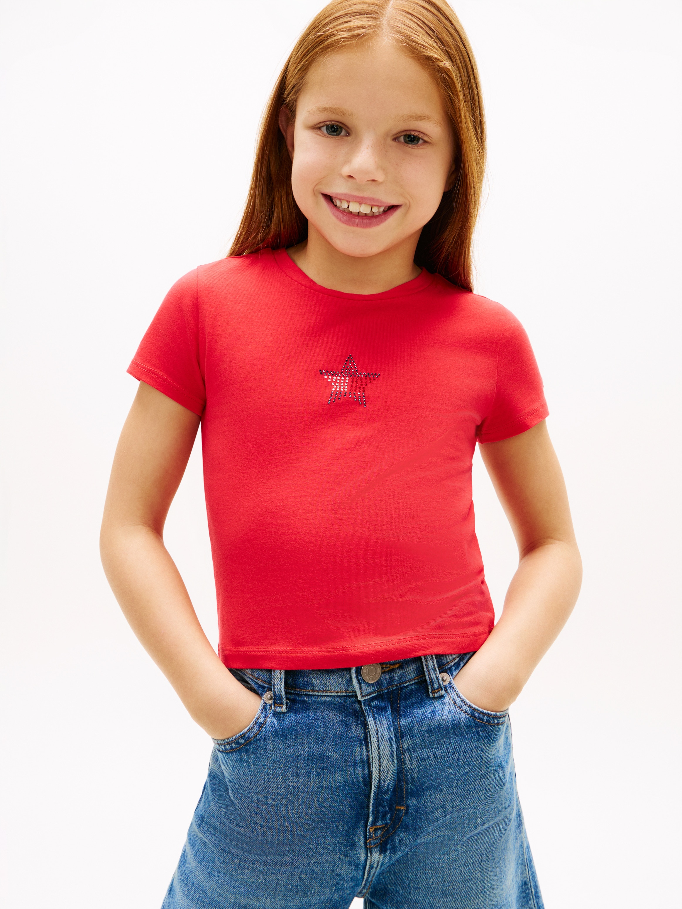 Camiseta de niña en canalé con estrella decorativa - Tommy Hilfiger - Rojo Rojo-1
