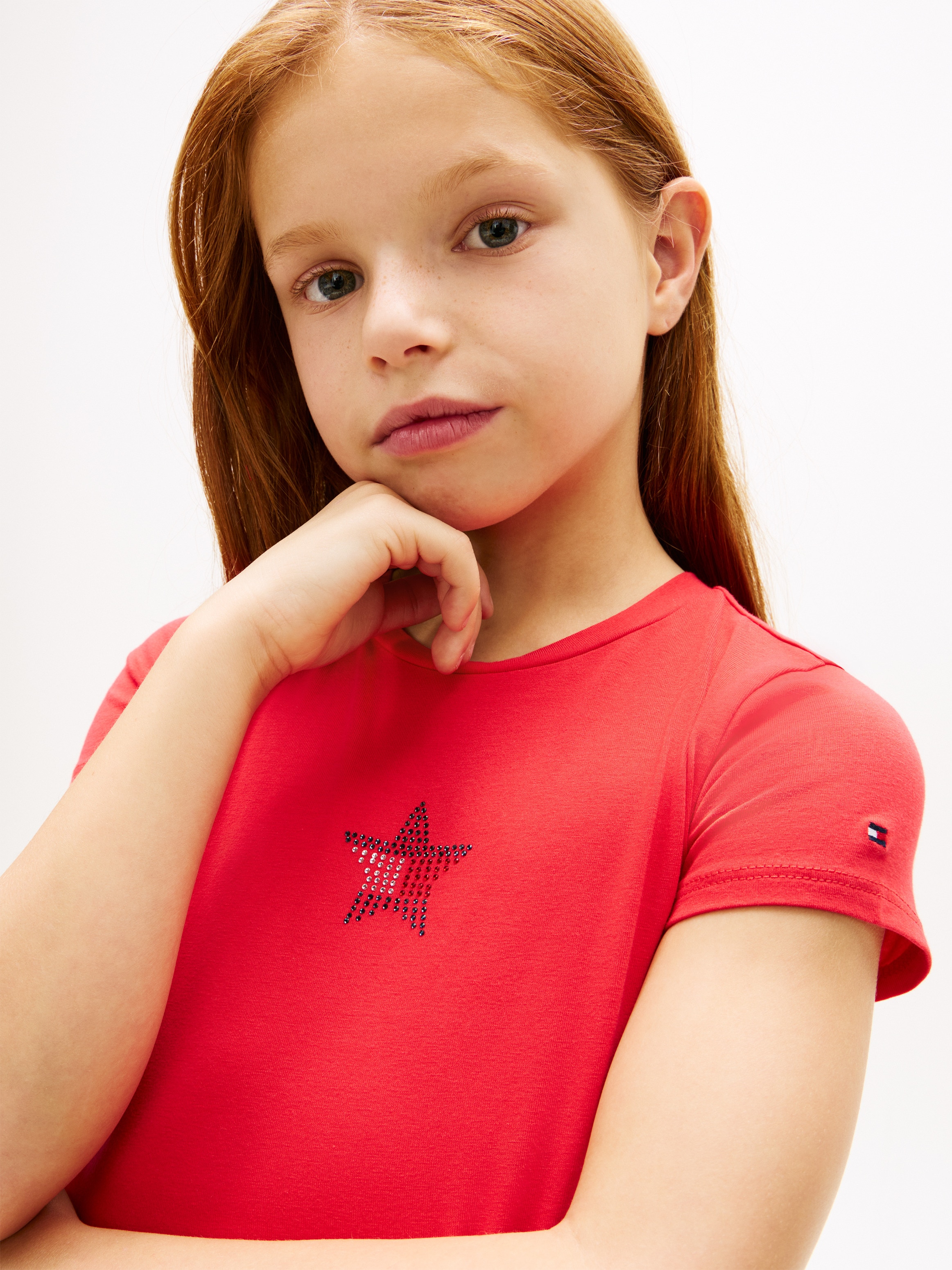 Camiseta de niña en canalé con estrella decorativa - Tommy Hilfiger - Rojo Rojo-3