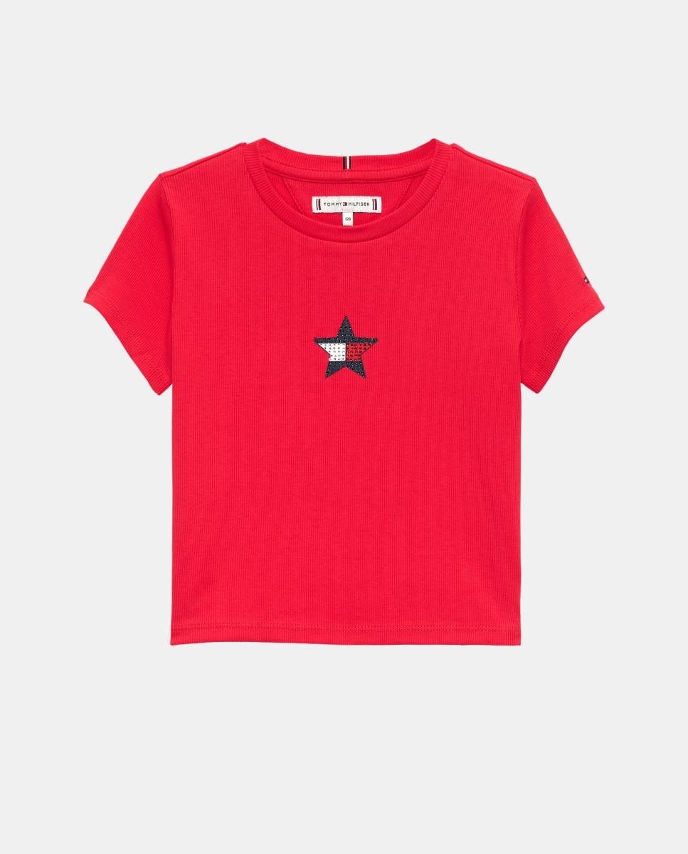 Camiseta de niña en canalé con estrella decorativa - Tommy Hilfiger - Rojo Rojo-5