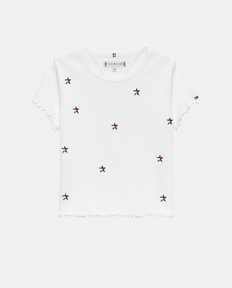 Camiseta de niña de canalé con estrellas bordadas - Tommy Hilfiger - Blanco Blanco-1