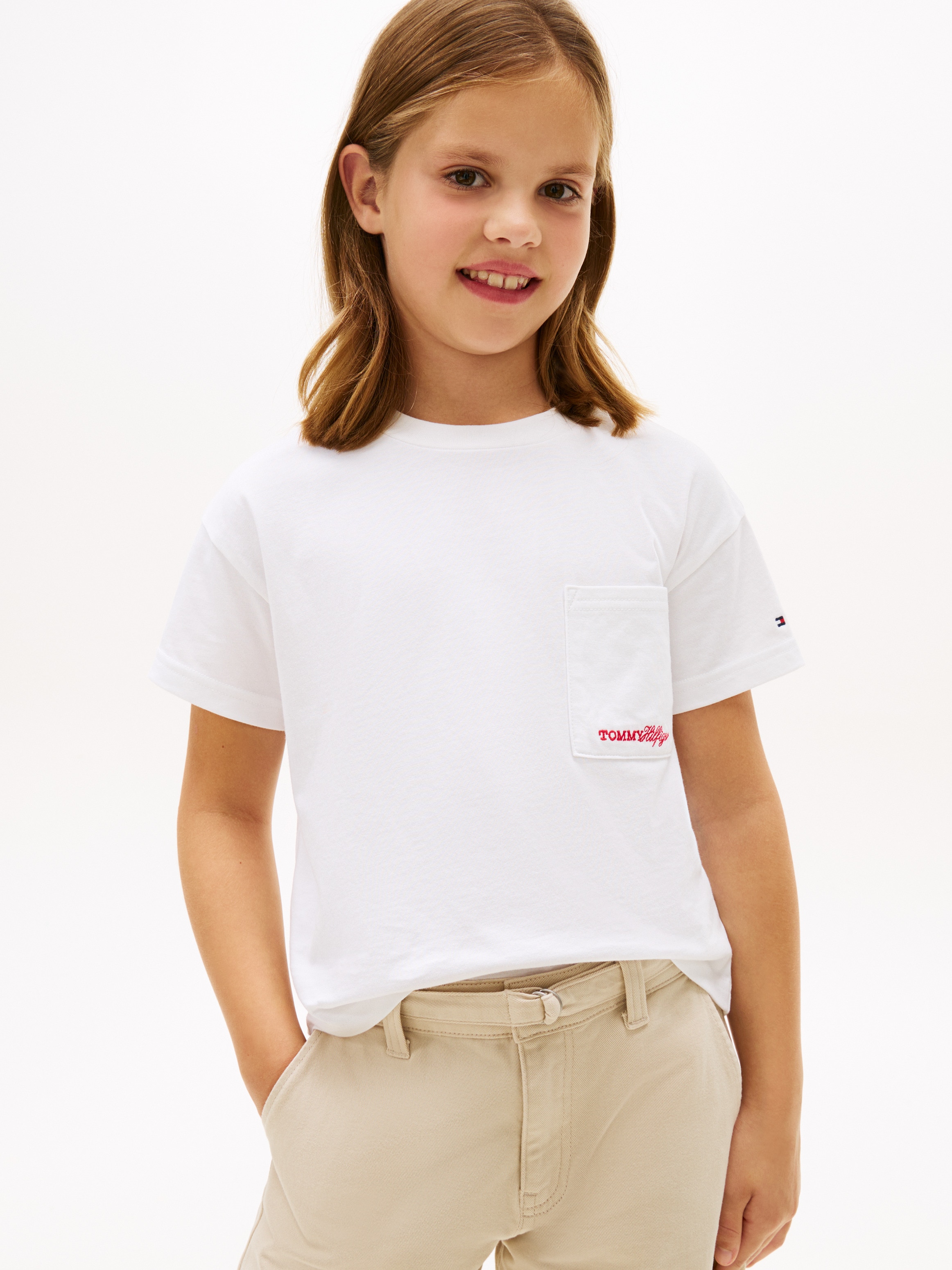 Camiseta de niña con bolsillo y logo bordado - Tommy Hilfiger - Blanco Blanco-1
