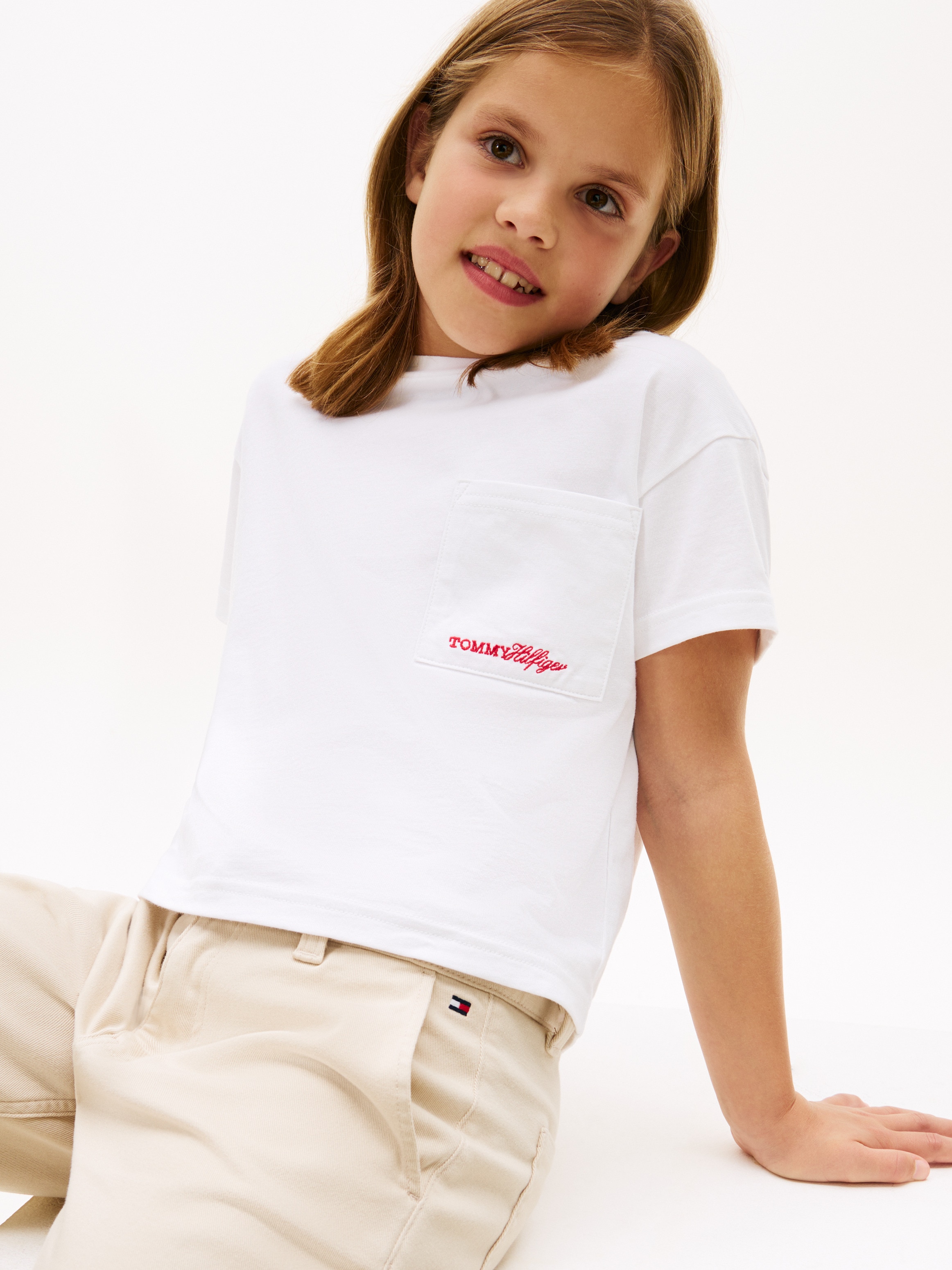 Camiseta de niña con bolsillo y logo bordado - Tommy Hilfiger - Blanco Blanco-3