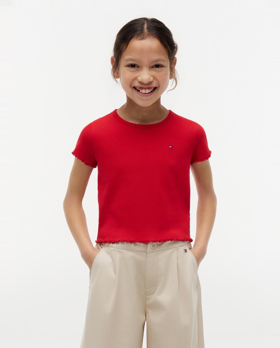 Camiseta de niña de canalé con acabado ondulado - Tommy Hilfiger - Rojo Rojo-1