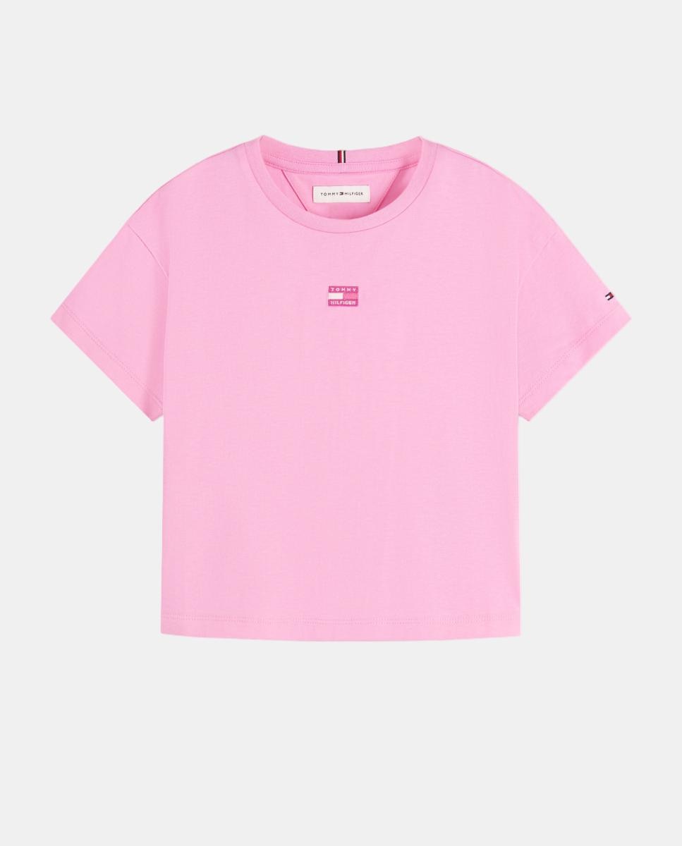 Camiseta de niña de silueta boxy con logo frontal - Tommy Hilfiger - Rosa Rosa-5