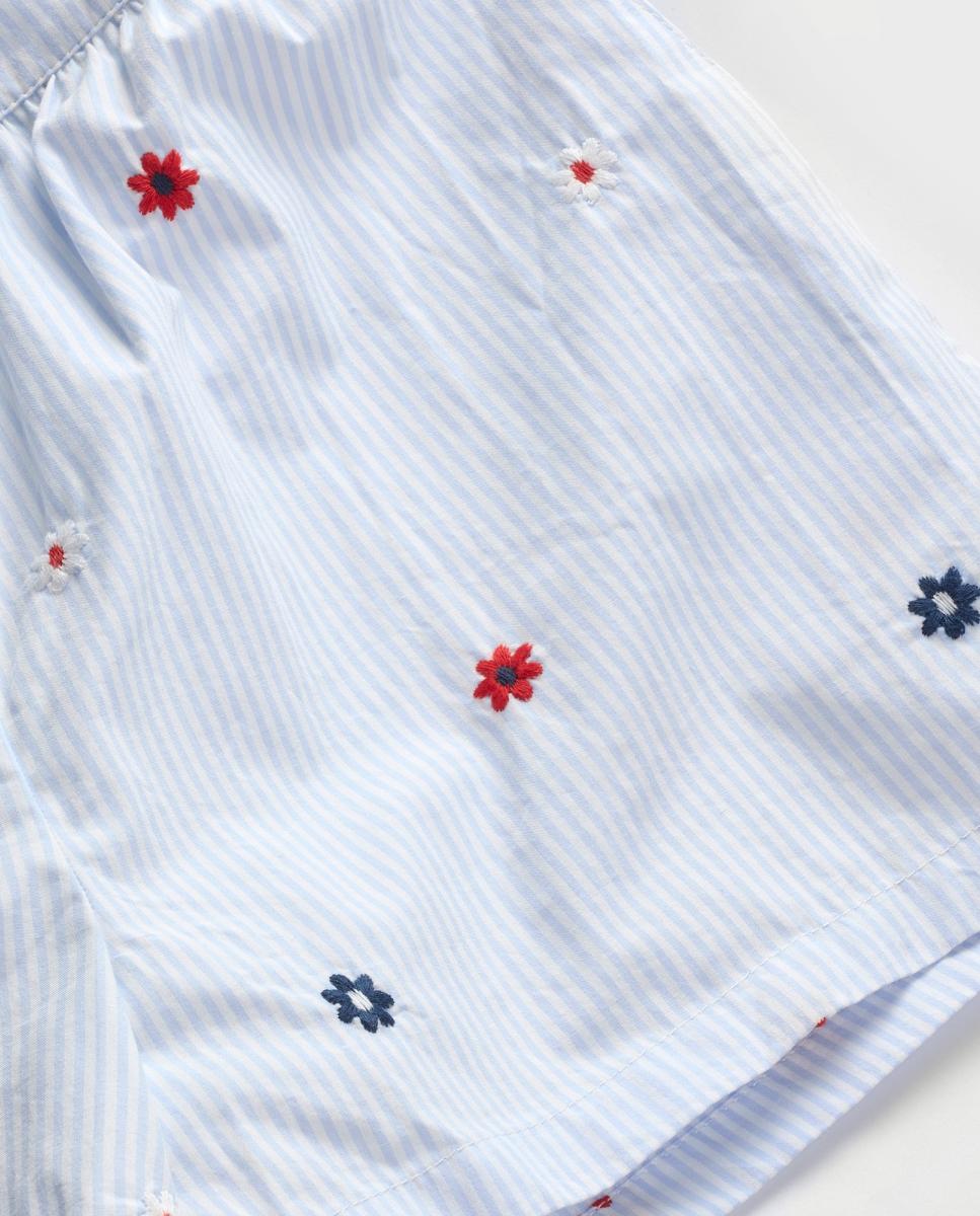 Calções de Popelina com Bordado Floral Azul-3