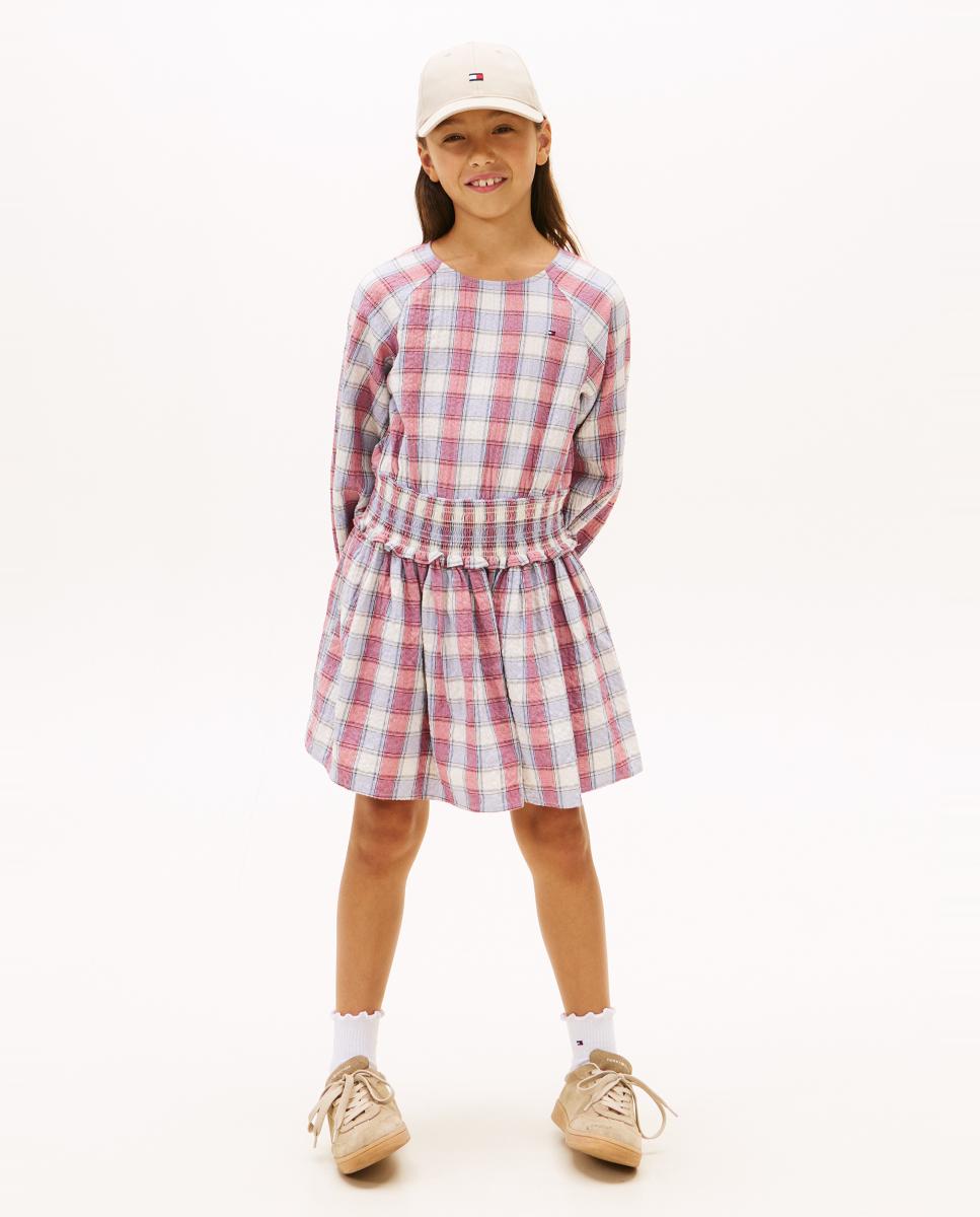 Imagem 0 de Vestido aos Quadrados com Manga Comprida e Franzido na Cintura