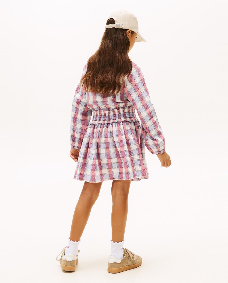 Vestido aos Quadrados com Manga Comprida e Franzido na Cintura Tommy Hilfiger Rosa-2