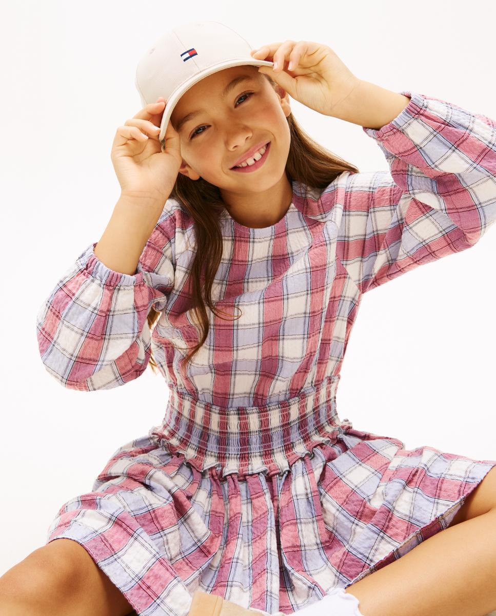 Vestido aos Quadrados com Manga Comprida e Franzido na Cintura Tommy Hilfiger Rosa-3