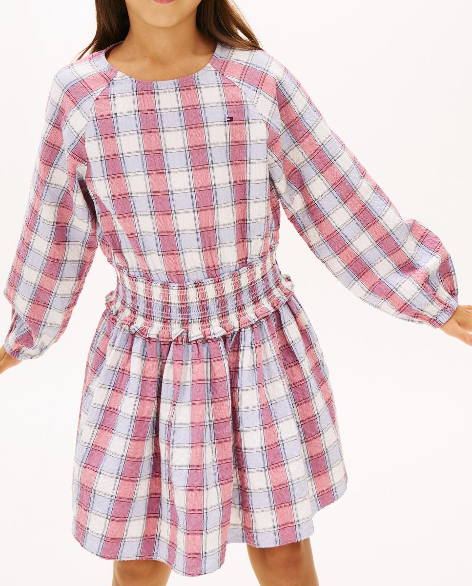 Vestido aos Quadrados com Manga Comprida e Franzido na Cintura Tommy Hilfiger Rosa-4