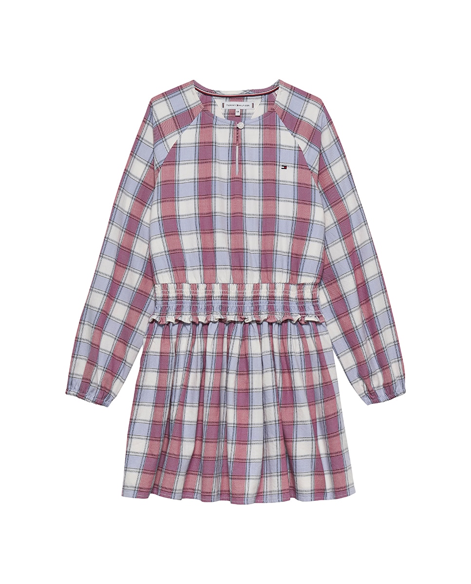 Vestido aos Quadrados com Manga Comprida e Franzido na Cintura Tommy Hilfiger Rosa-5