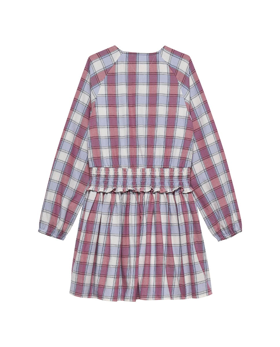 Vestido aos Quadrados com Manga Comprida e Franzido na Cintura Tommy Hilfiger Rosa-6