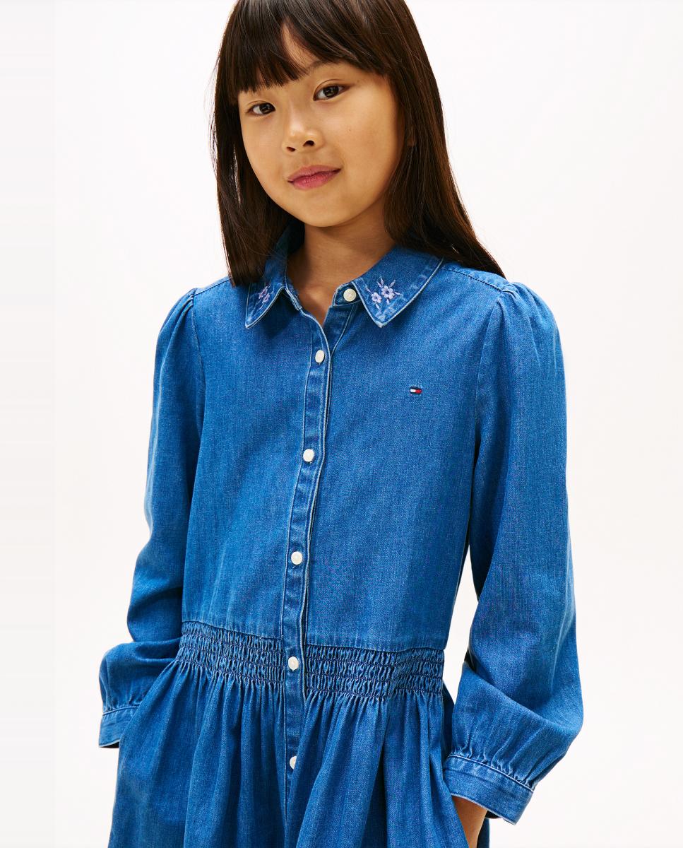 Vestido Camiseiro de Ganga com Bordado na Gola Tommy Hilfiger Azul-3