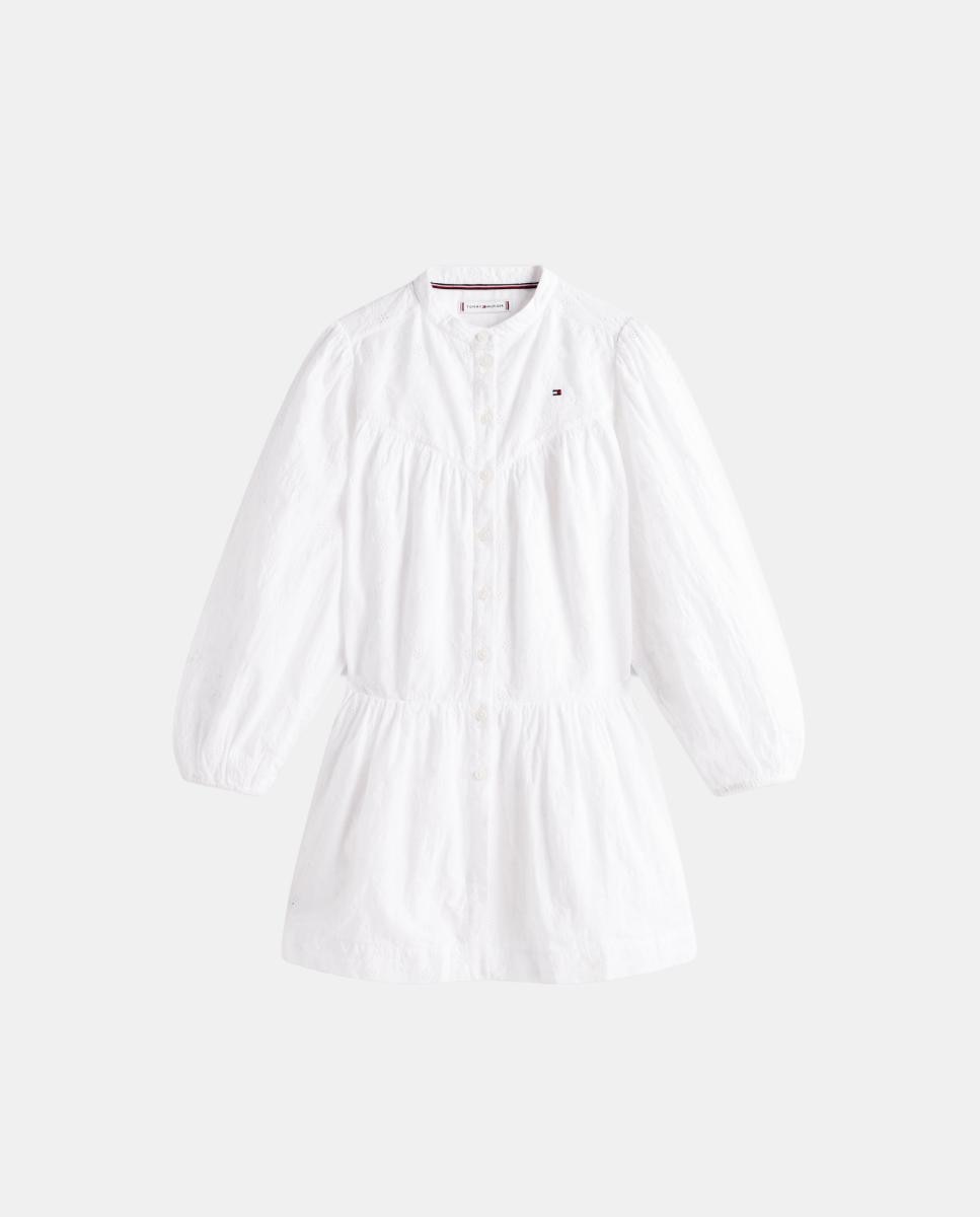 Vestido Camiseiro com Bordado Inglês e Manga Comprida Branco-5