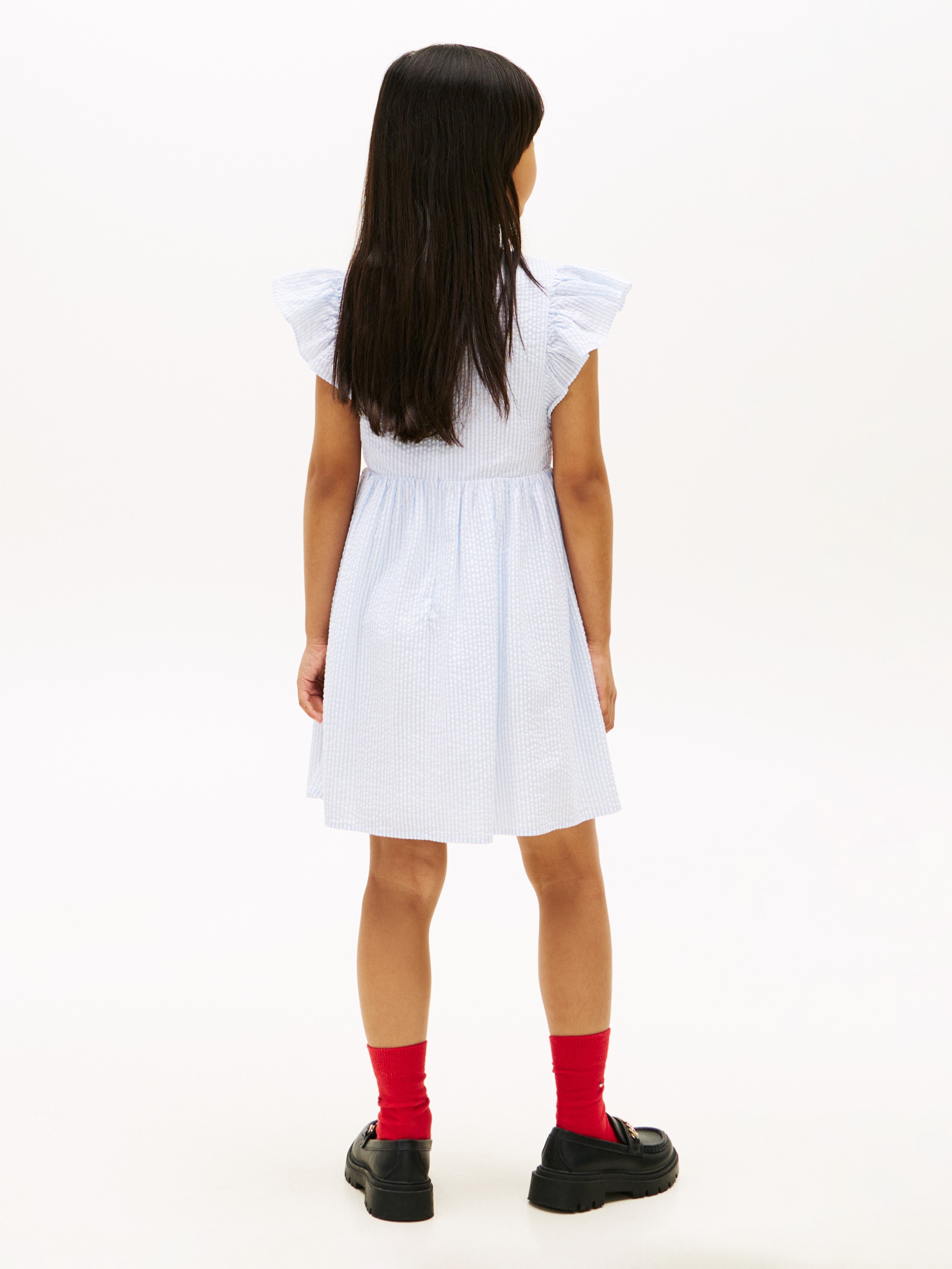 Vestido em Seersucker com Folhos nas Mangas Azul-2