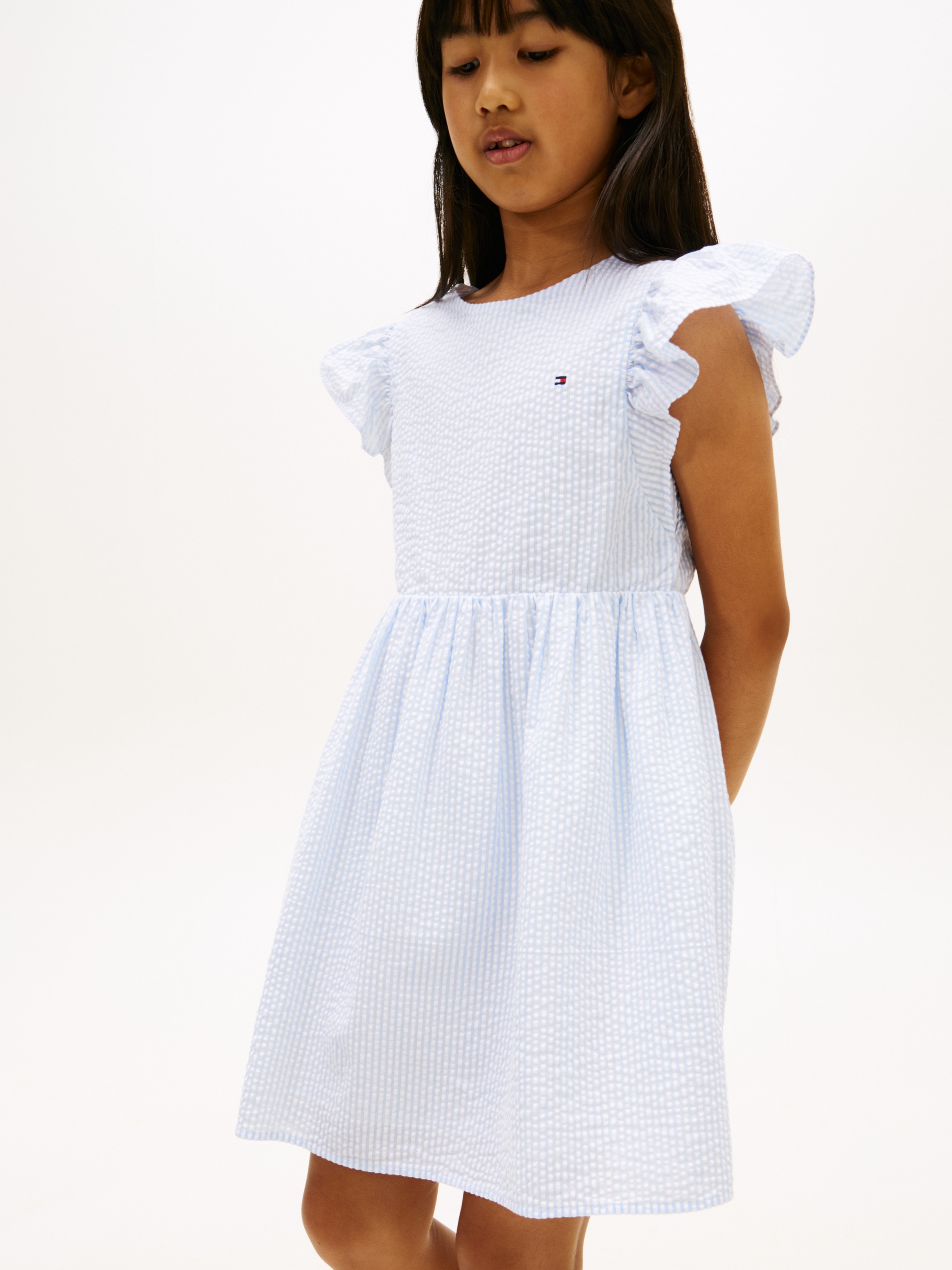 Vestido em Seersucker com Folhos nas Mangas Azul-4