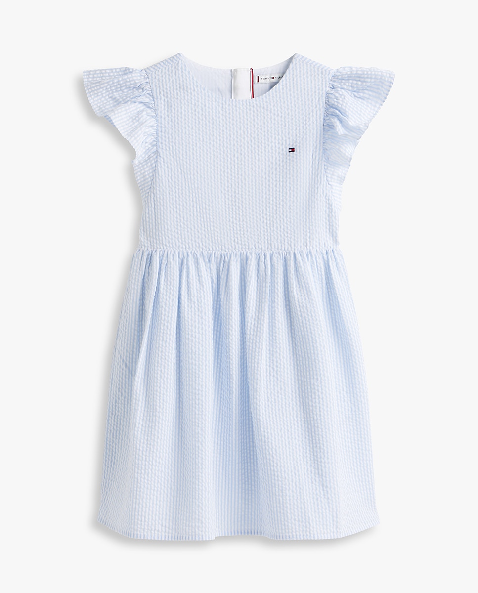 Vestido em Seersucker com Folhos nas Mangas Azul-5