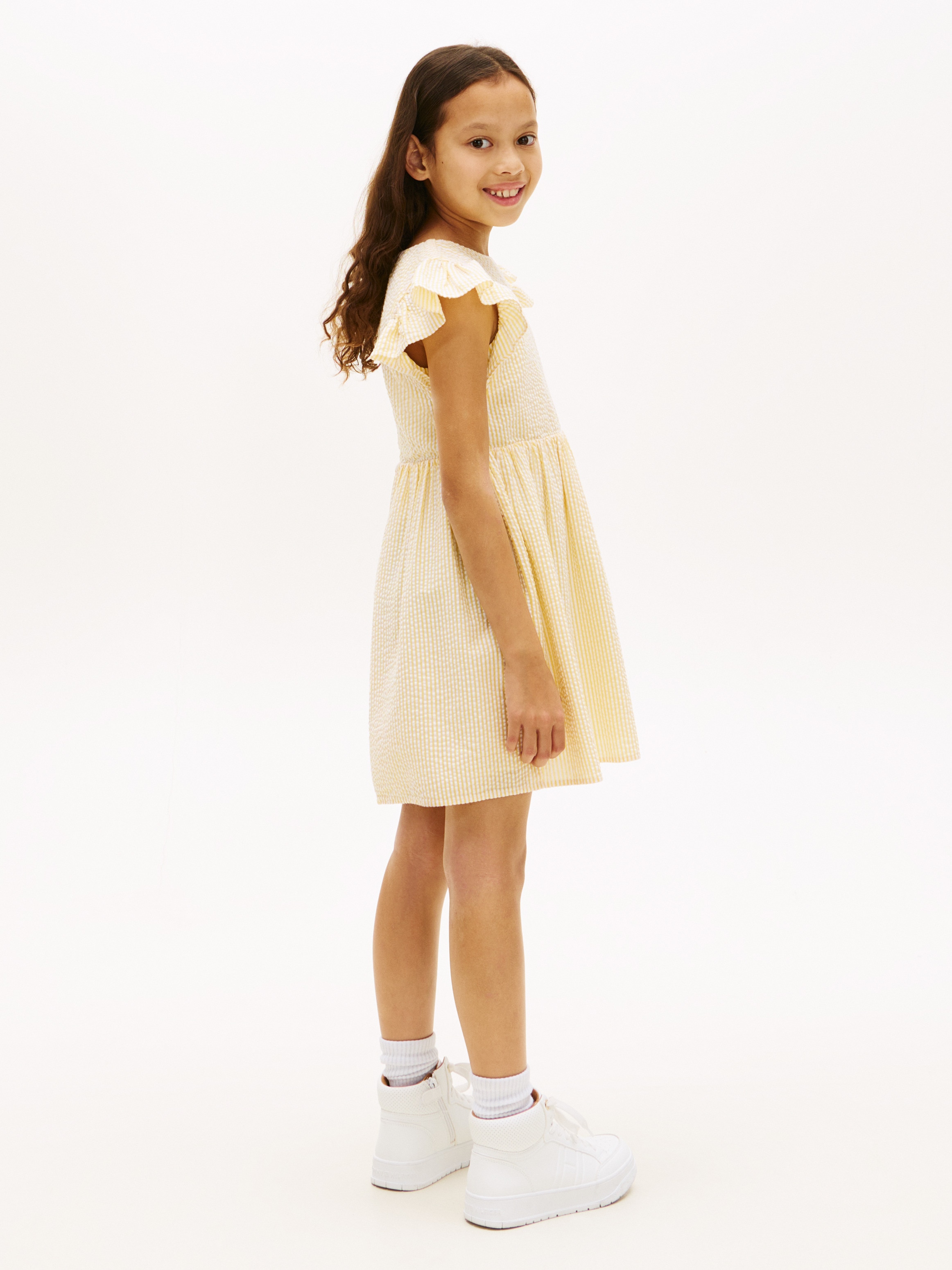 Vestido em Seersucker com Folhos nas Mangas Amarelo-2
