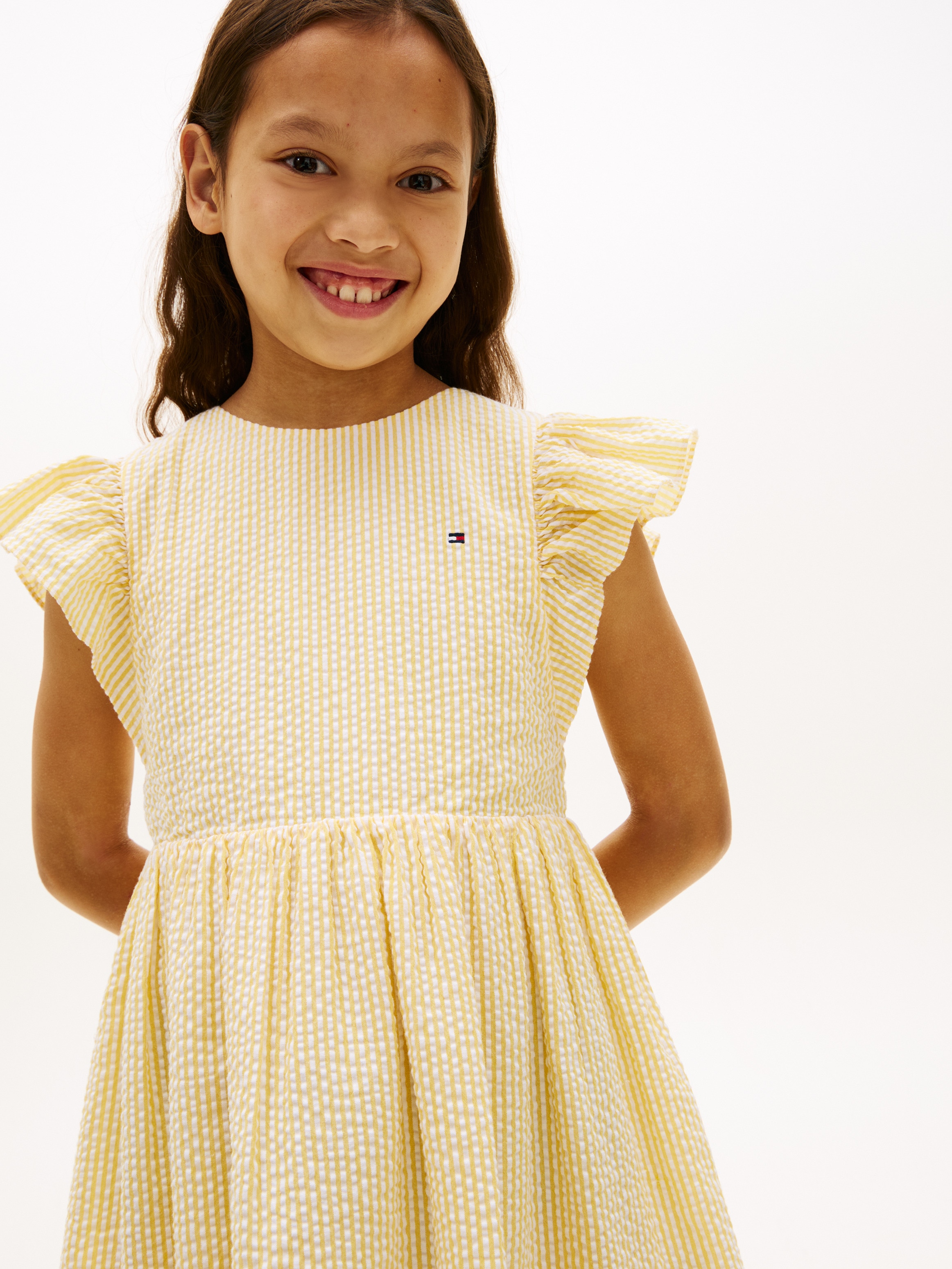 Vestido em Seersucker com Folhos nas Mangas Amarelo-3