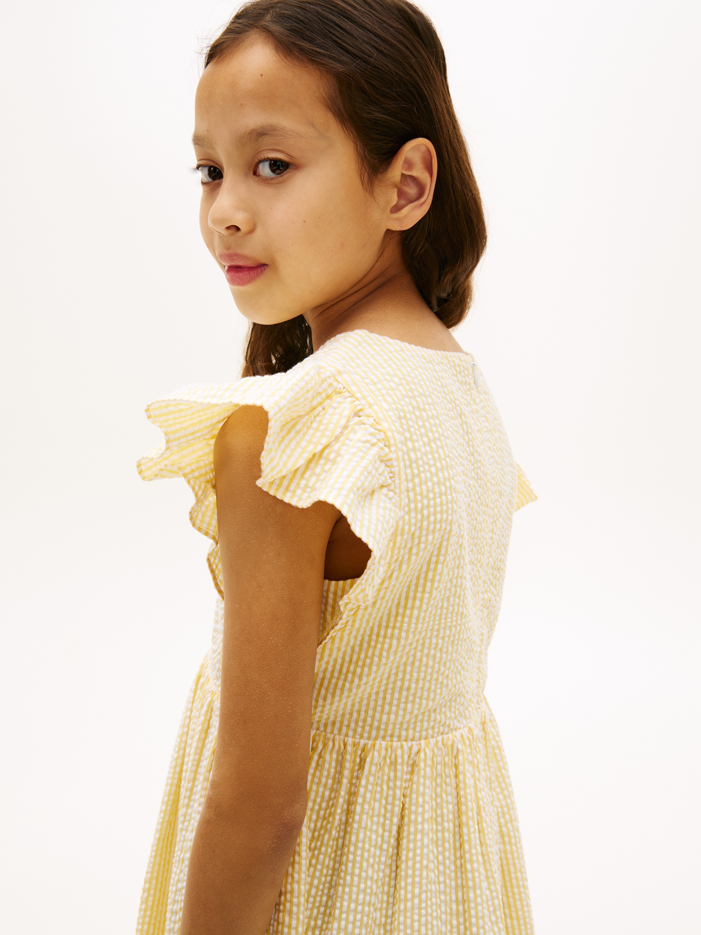 Vestido em Seersucker com Folhos nas Mangas Amarelo-4