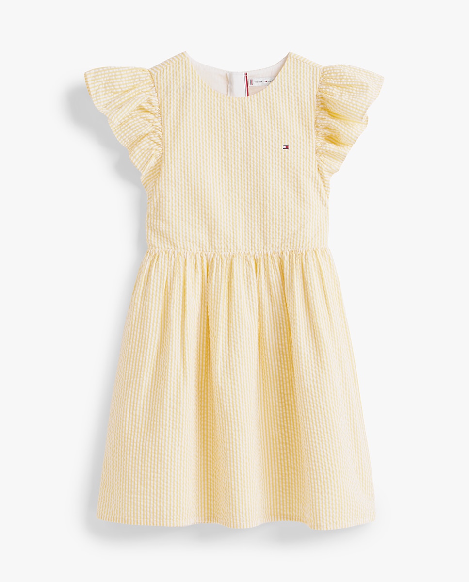 Vestido em Seersucker com Folhos nas Mangas Amarelo-5